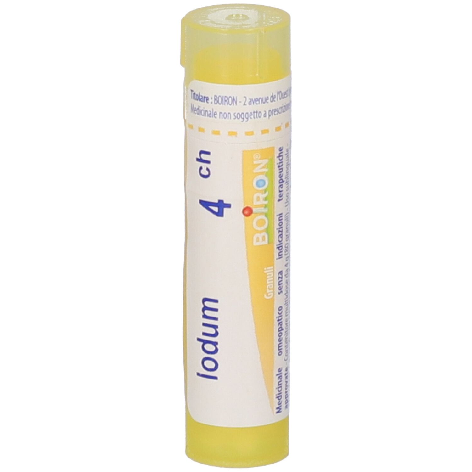 Tubo giallo con "Iodum 4 ch" e logo Boiron. Scritte bianche. Vista verticale.