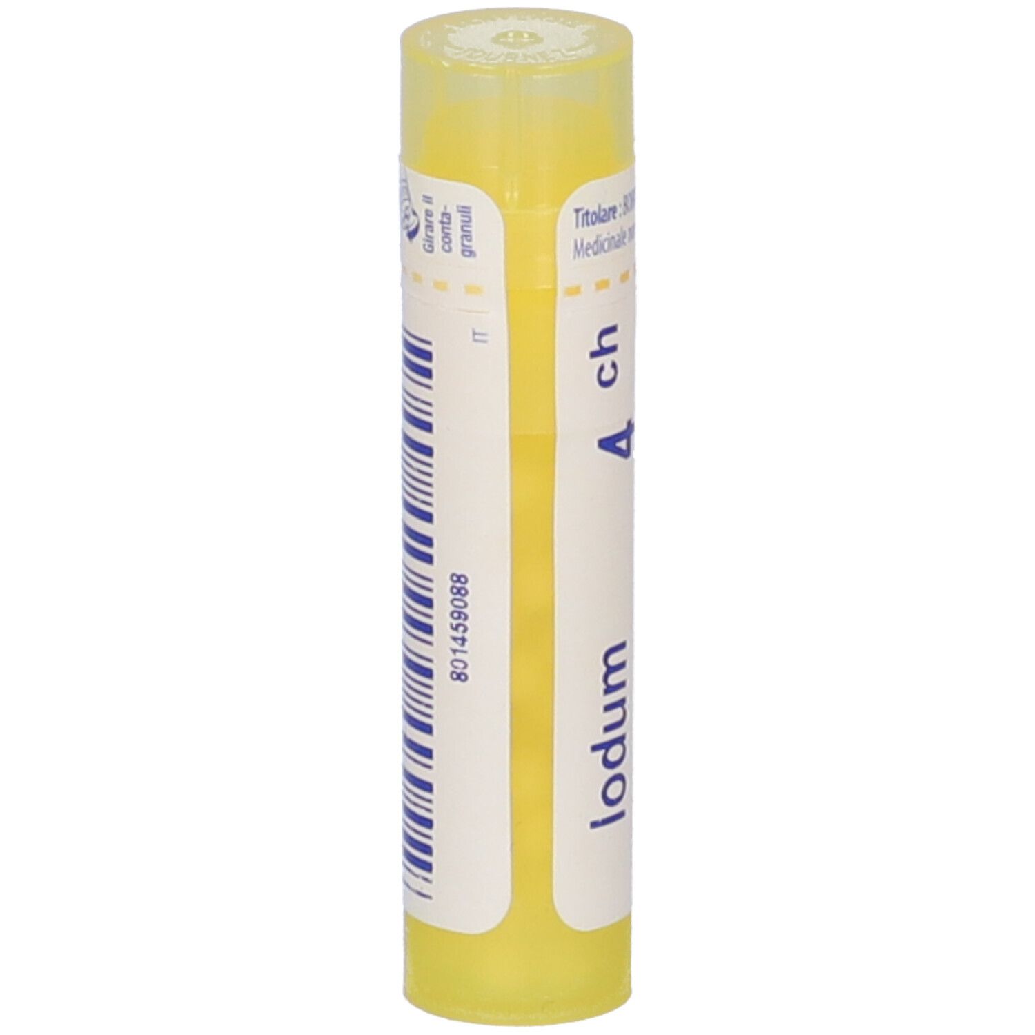Tubo giallo con "Iodum 4 ch" e logo Boiron. Codice a barre e altre informazioni sul retro.