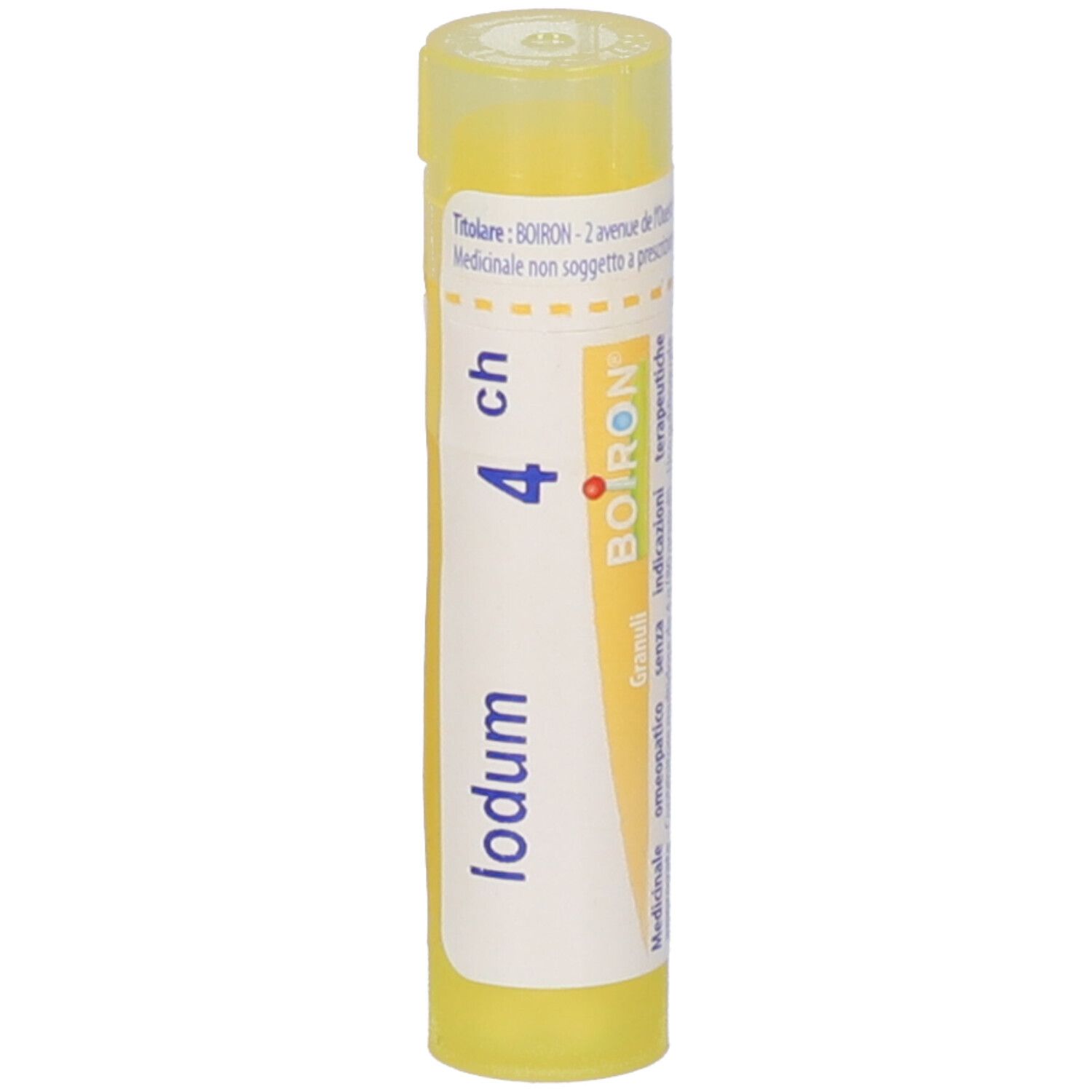 Tubo giallo con "Iodum 4 ch" e logo Boiron. Vista dettagliata delle scritte.