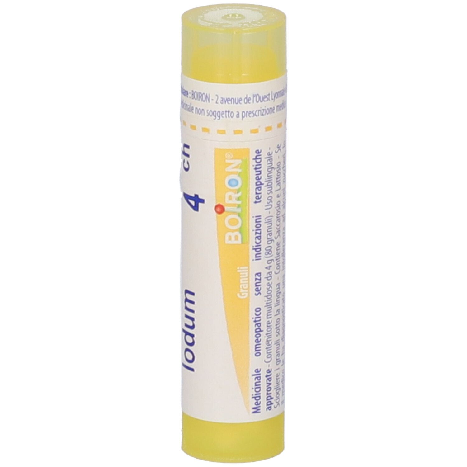 Tubo giallo con "Iodum 4 ch" e logo Boiron. Vista dettagliata delle scritte.
