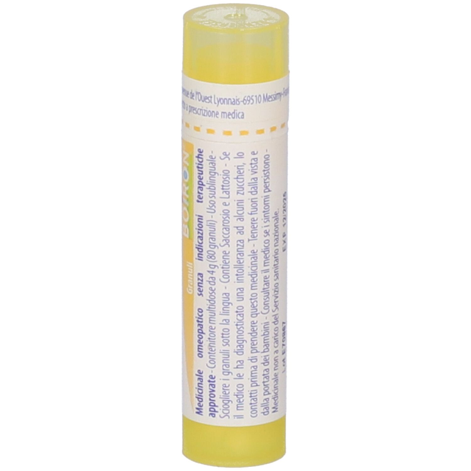 Tubo giallo con "Iodum 4 ch" e logo Boiron. Vista dettagliata delle scritte.