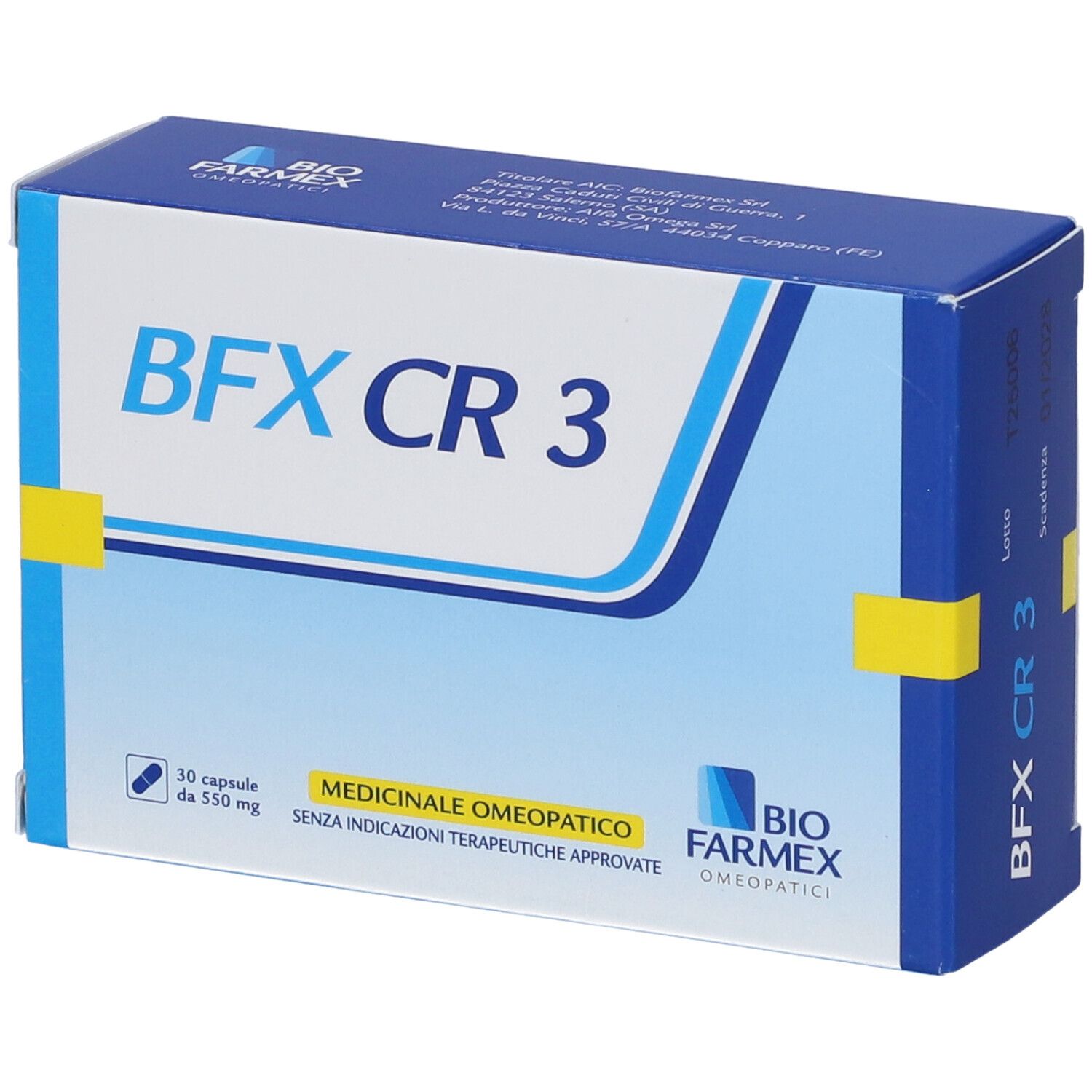 Scatola blu e bianca con logo "BFX CR 3". Contiene 30 capsule. Testo "Medicinale Omeopatico".