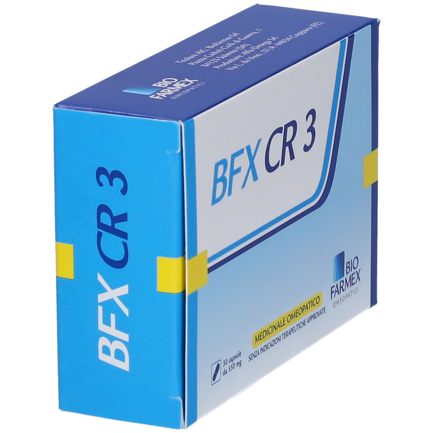 Scatola "BFX CR 3" in blu e bianco. Contiene 30 capsule. Testo "Medicinale Omeopatico".
