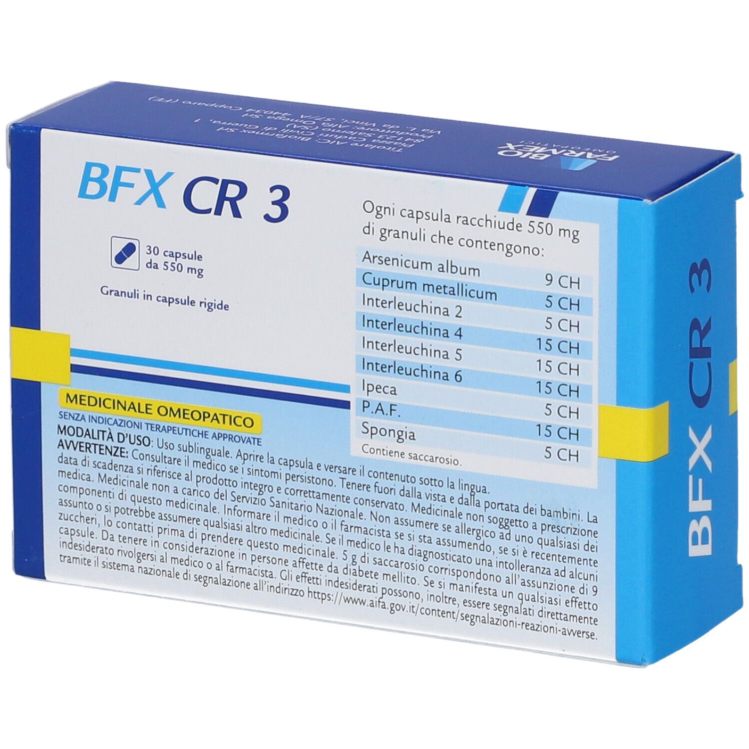 Retro della scatola "BFX CR 3". Contiene ingredienti e avvertenze. "Medicinale Omeopatico".