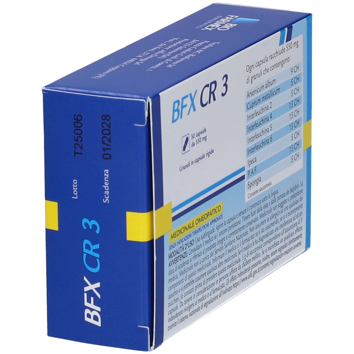 Scatola "BFX CR 3" con data di scadenza. Contiene 30 capsule. "Medicinale Omeopatico".