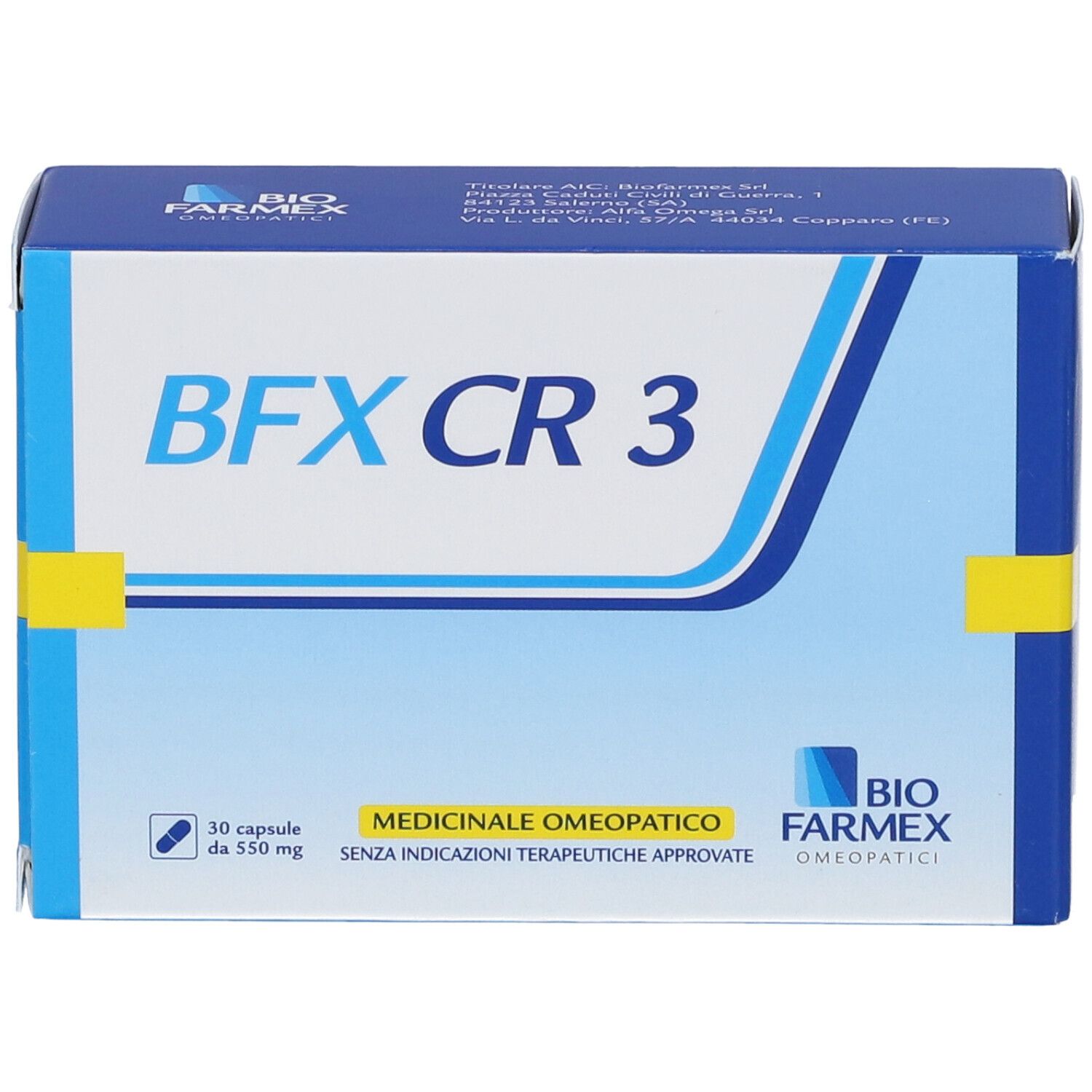 Scatola blu e bianca con logo "BFX CR 3". Contiene 30 capsule. Testo "Medicinale Omeopatico".