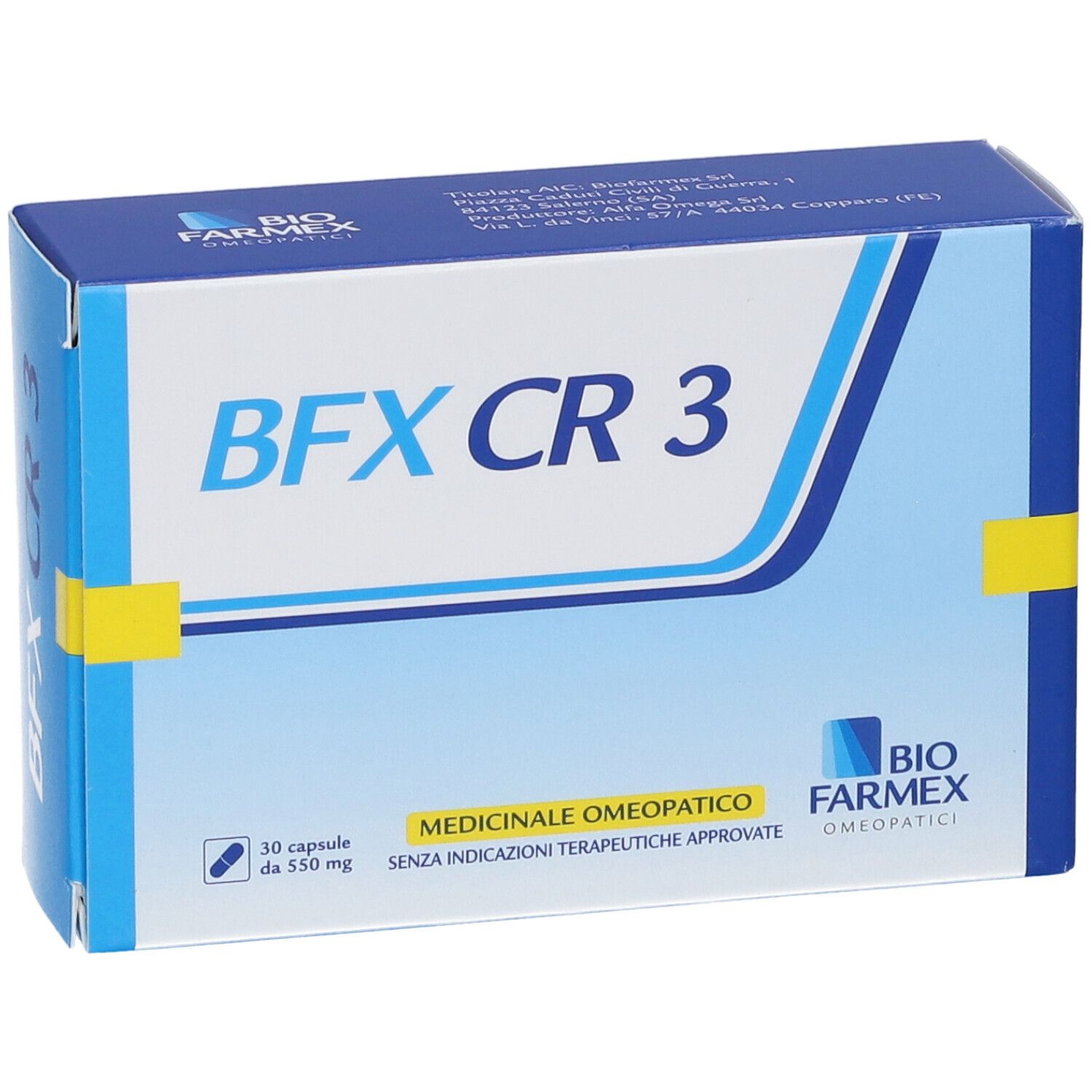 Scatola blu e bianca con logo "BFX CR 3". Contiene 30 capsule. Testo "Medicinale Omeopatico".