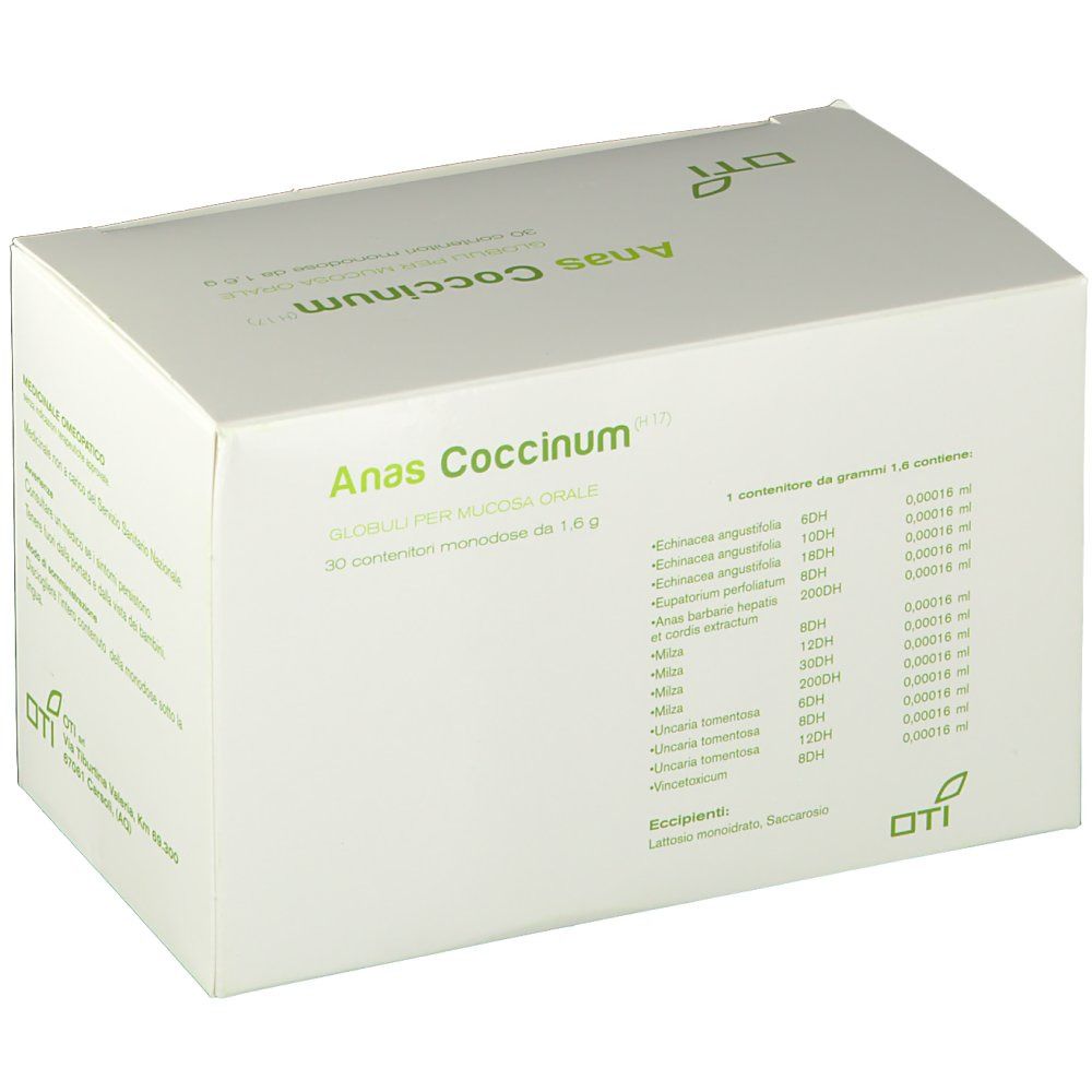 Scatola bianca con design verde. Scritta: Anas Coccinum. Logo OTI. Contenuto e ingredienti.