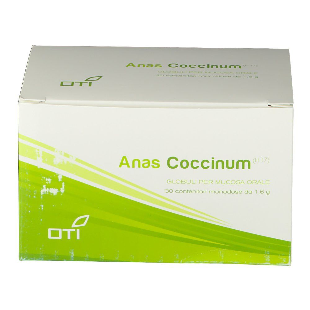 Scatola bianca con design verde. Scritta: Anas Coccinum. Logo OTI. Testo in italiano.