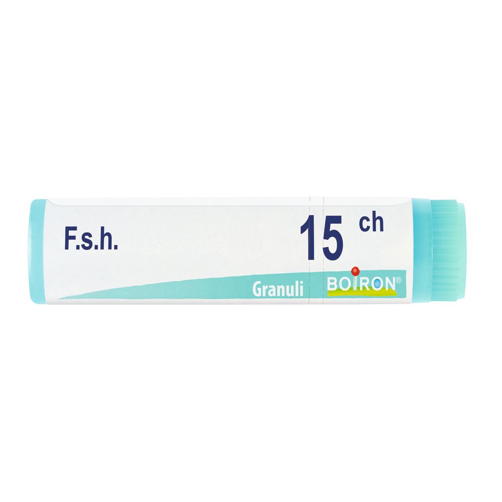 Tubo cilindrico con tappi blu. Scritta: F.s.h. 15 ch, Granuli, BOIRON.