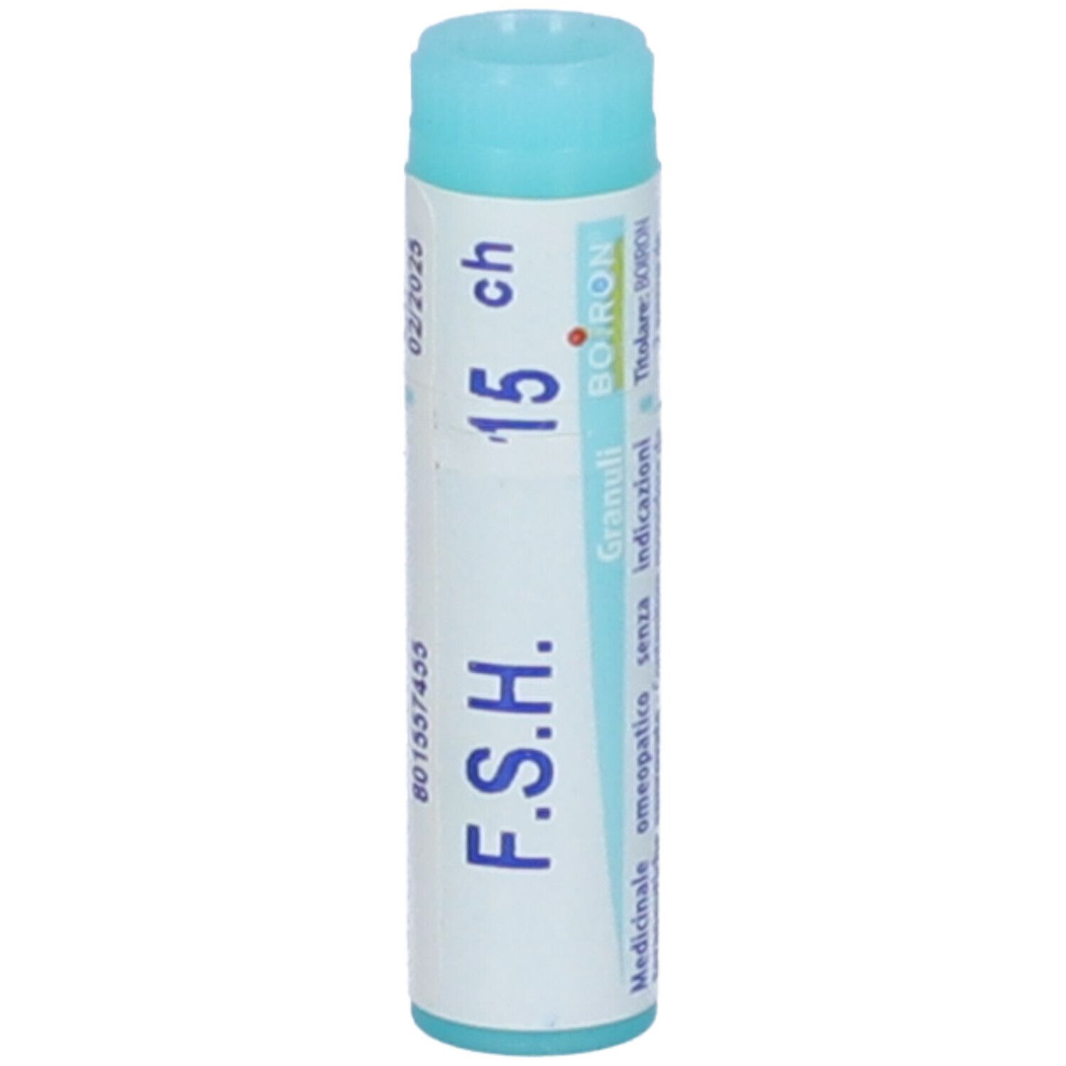 Tubo cilindrico, blu e bianco. Scritta: F.S.H. 15 ch, 02/2025, BOIRON.