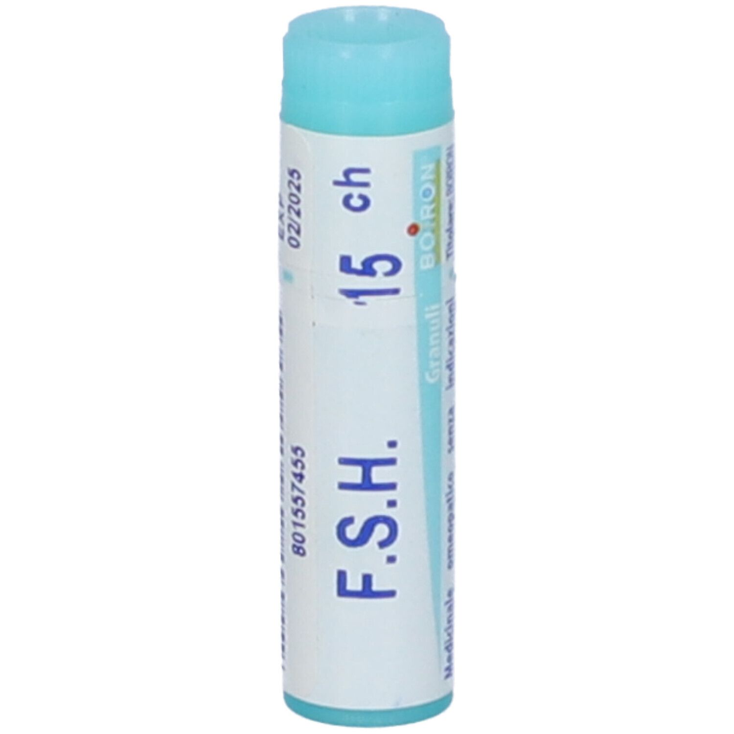 Tubo cilindrico, blu e bianco. Scritta: F.S.H. 15 ch, 02/2025, BOIRON.