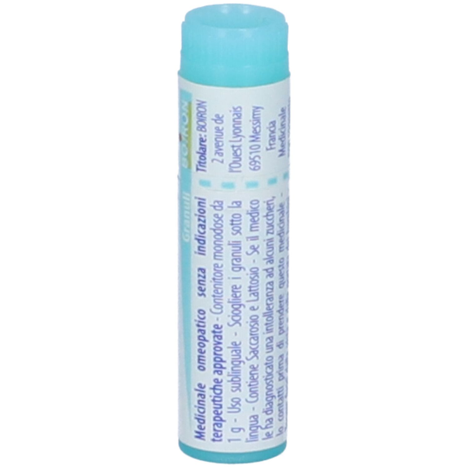 Tubo cilindrico, blu e bianco. Scritta: F.S.H. 15 ch, BOIRON, Granuli. Testo sull'etichetta.