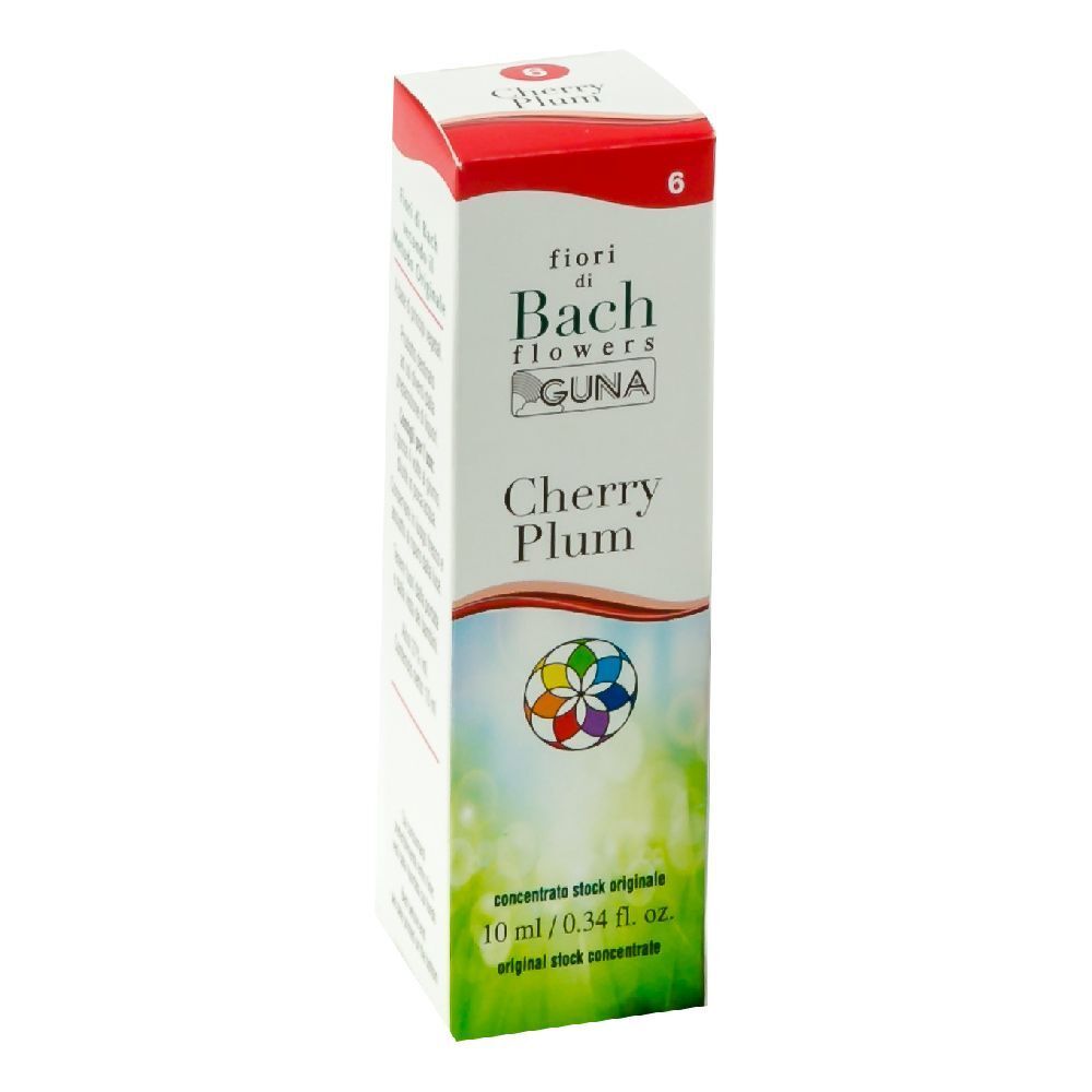 Scatola con stampa del prodotto. Scritta: fiori di Bach flowers GUNA Cherry Plum. 10 ml.