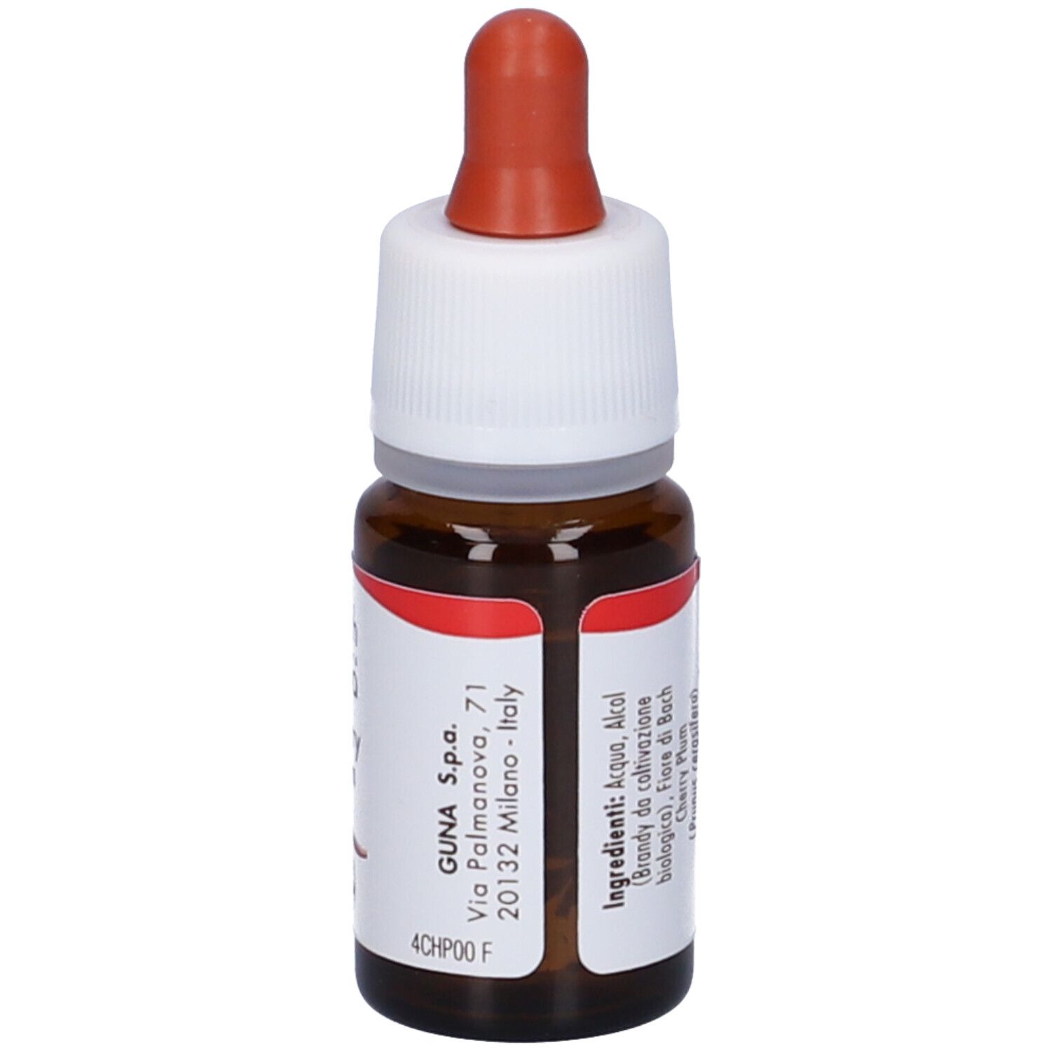 Flacone di vetro marrone con contagocce. Scritta: fiori di Bach flowers GUNA Cherry Plum. 10 ml.