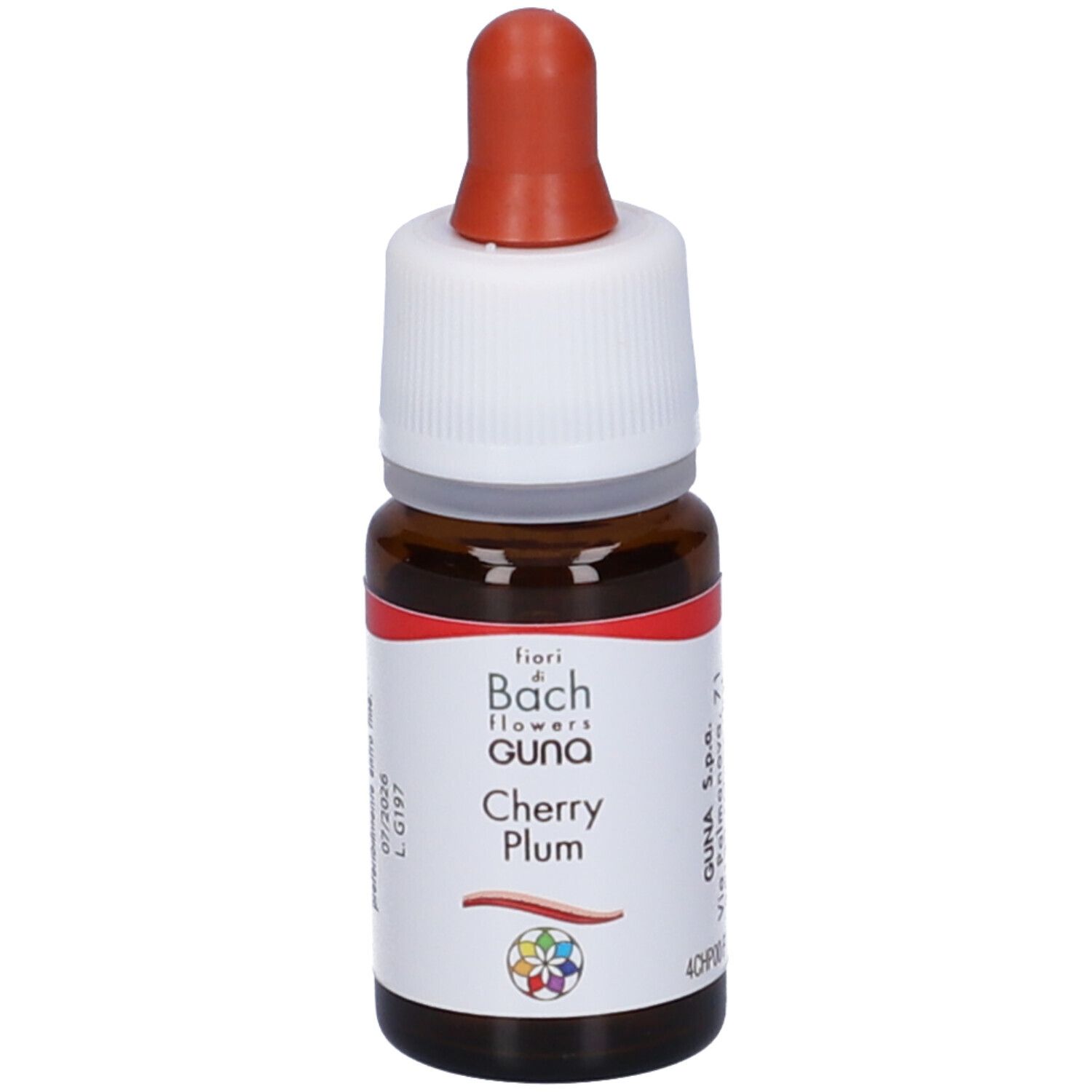 Flacone di vetro marrone con contagocce. Scritta: fiori di Bach flowers GUNA Cherry Plum. 10 ml.