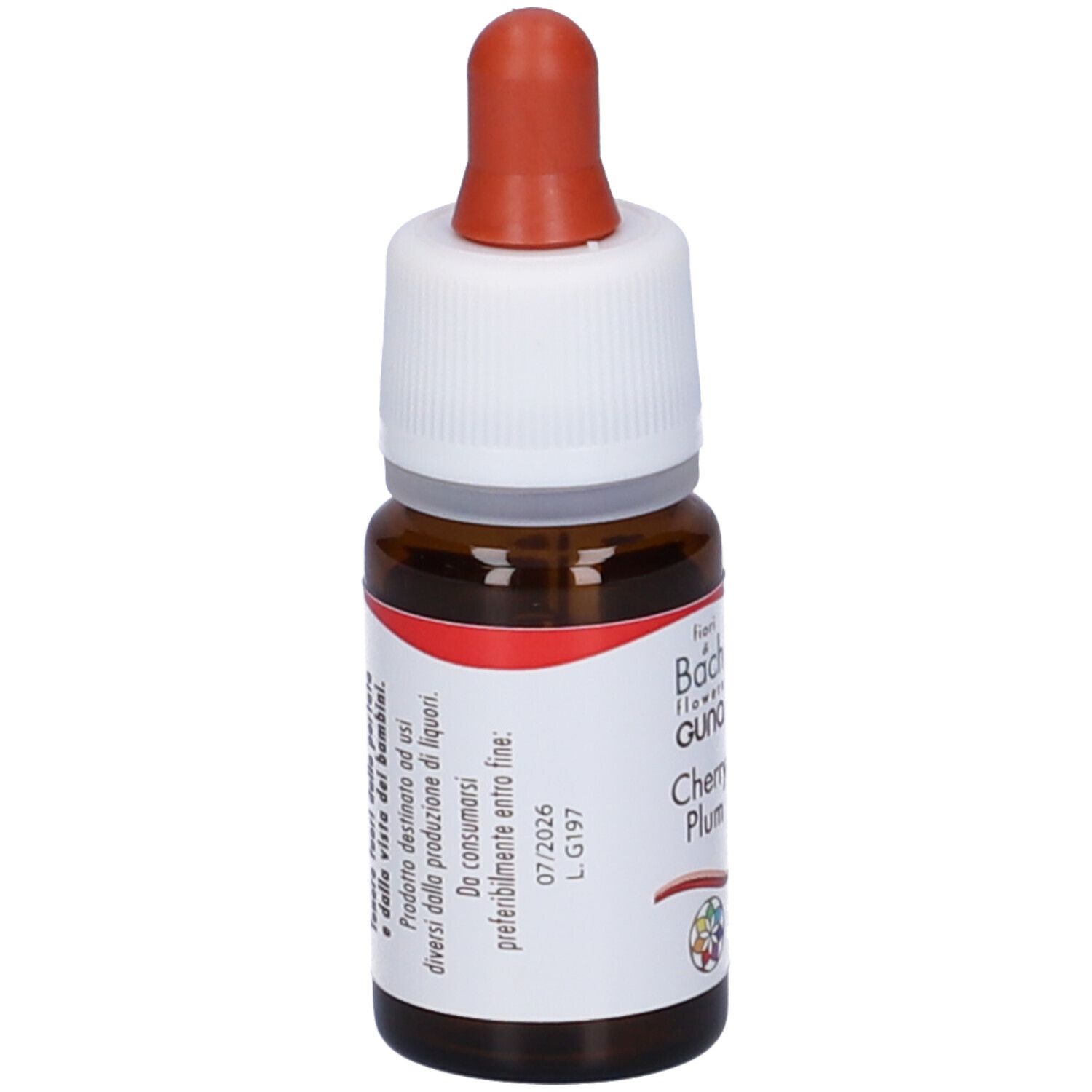 Flacone di vetro marrone con contagocce. Scritta: fiori di Bach flowers GUNA Cherry Plum. 10 ml.