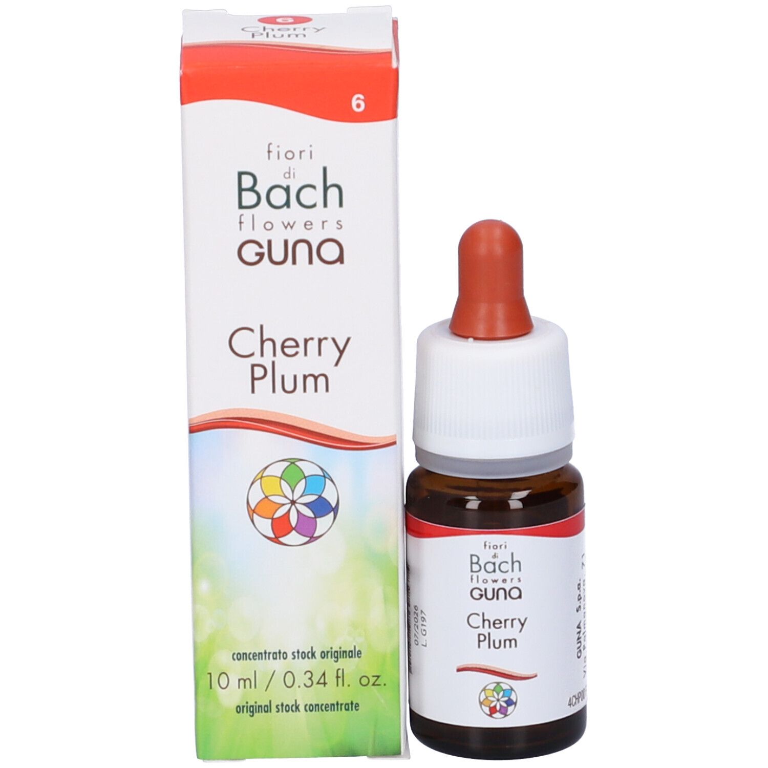 Confezione del prodotto e flacone con contagocce. Scritta: fiori di Bach flowers GUNA Cherry Plum. 10 ml.