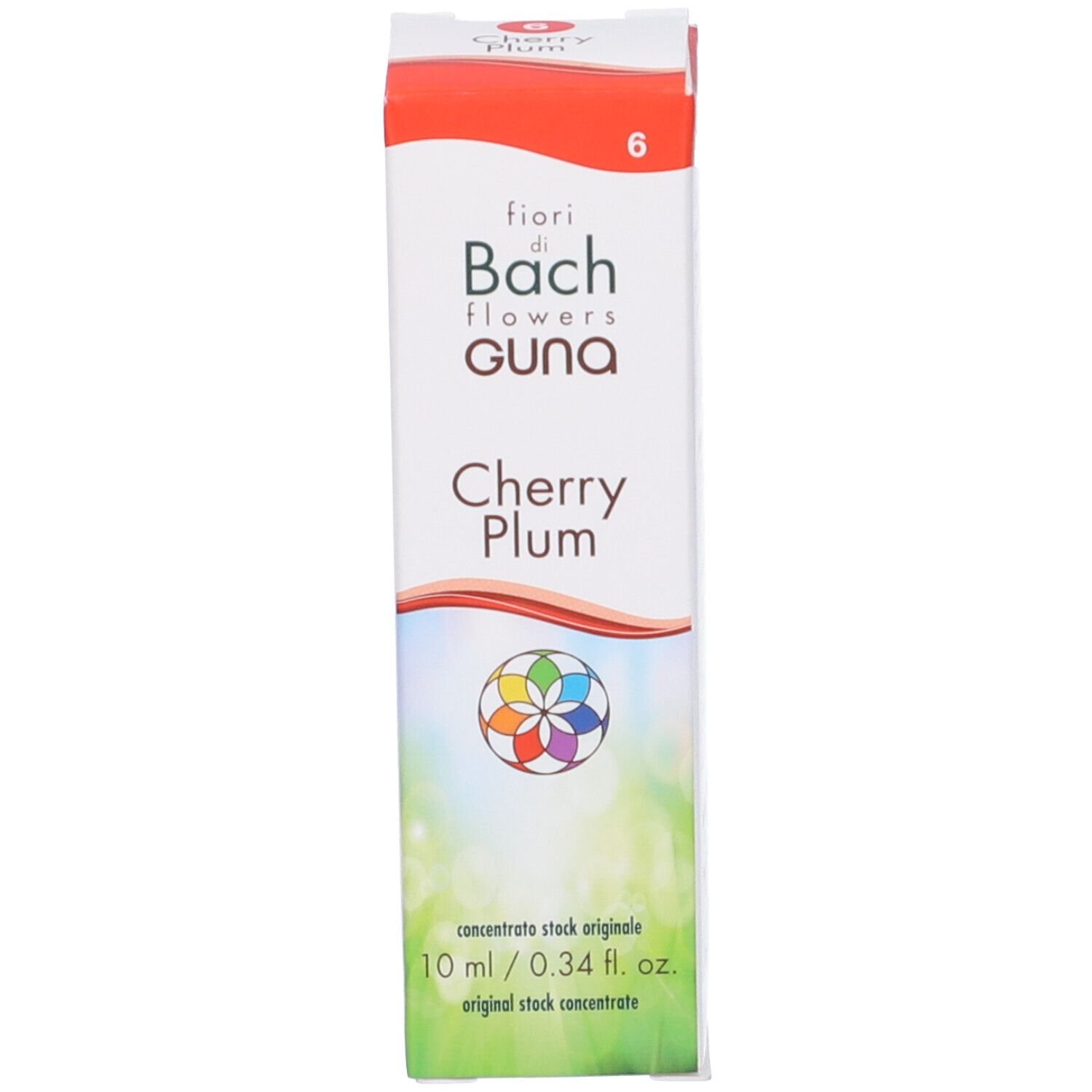 Scatola con stampa del prodotto. Scritta: fiori di Bach flowers GUNA Cherry Plum. 10 ml.