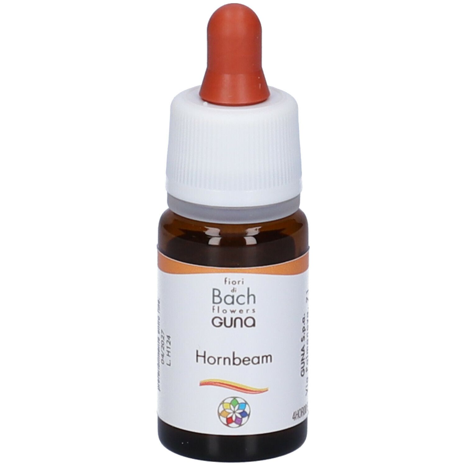 Flacone di vetro marrone con tappo bianco e contagocce rosso. Scritta: GUNA Hornbeam.