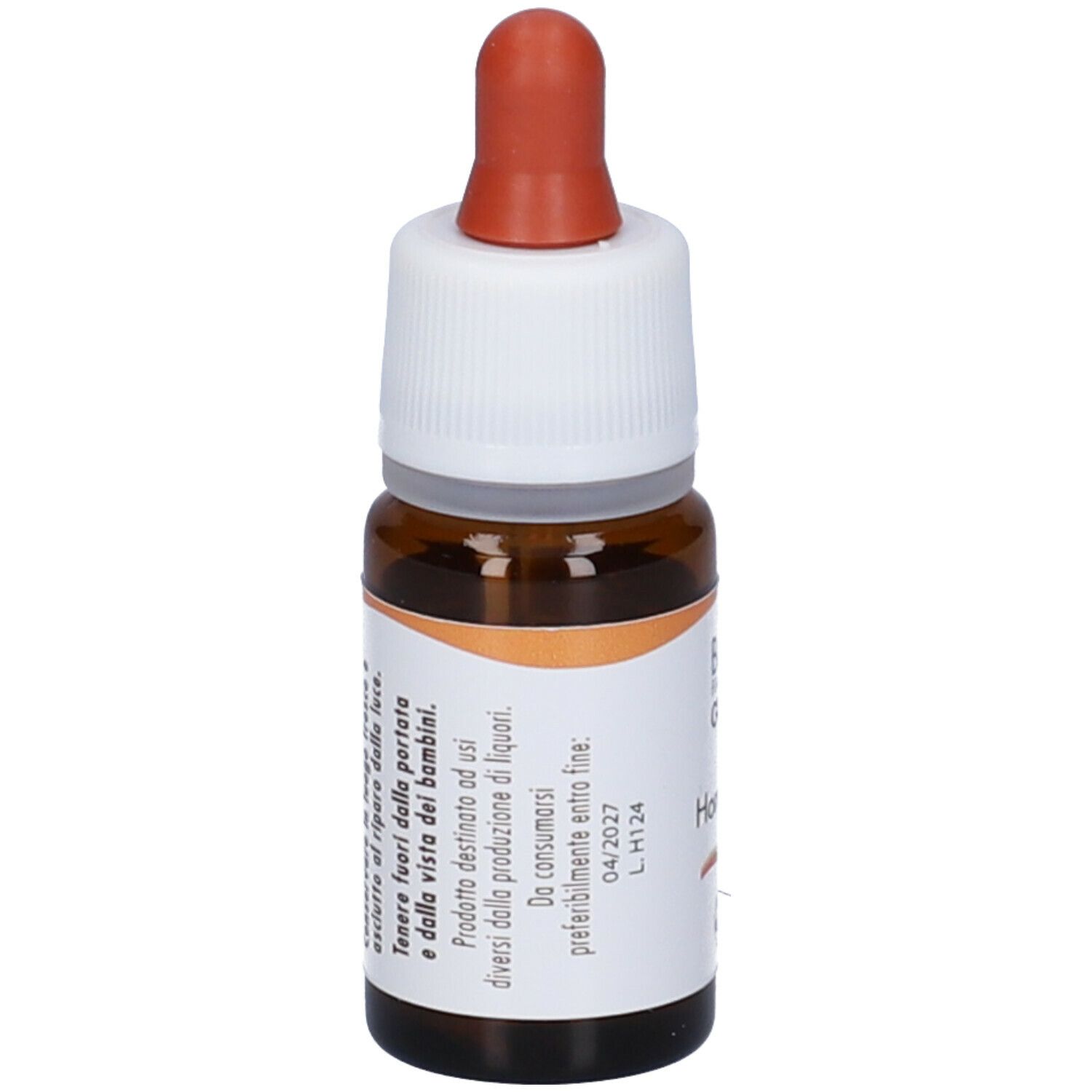 Flacone di vetro marrone con tappo bianco e contagocce rosso. Etichetta con testo.