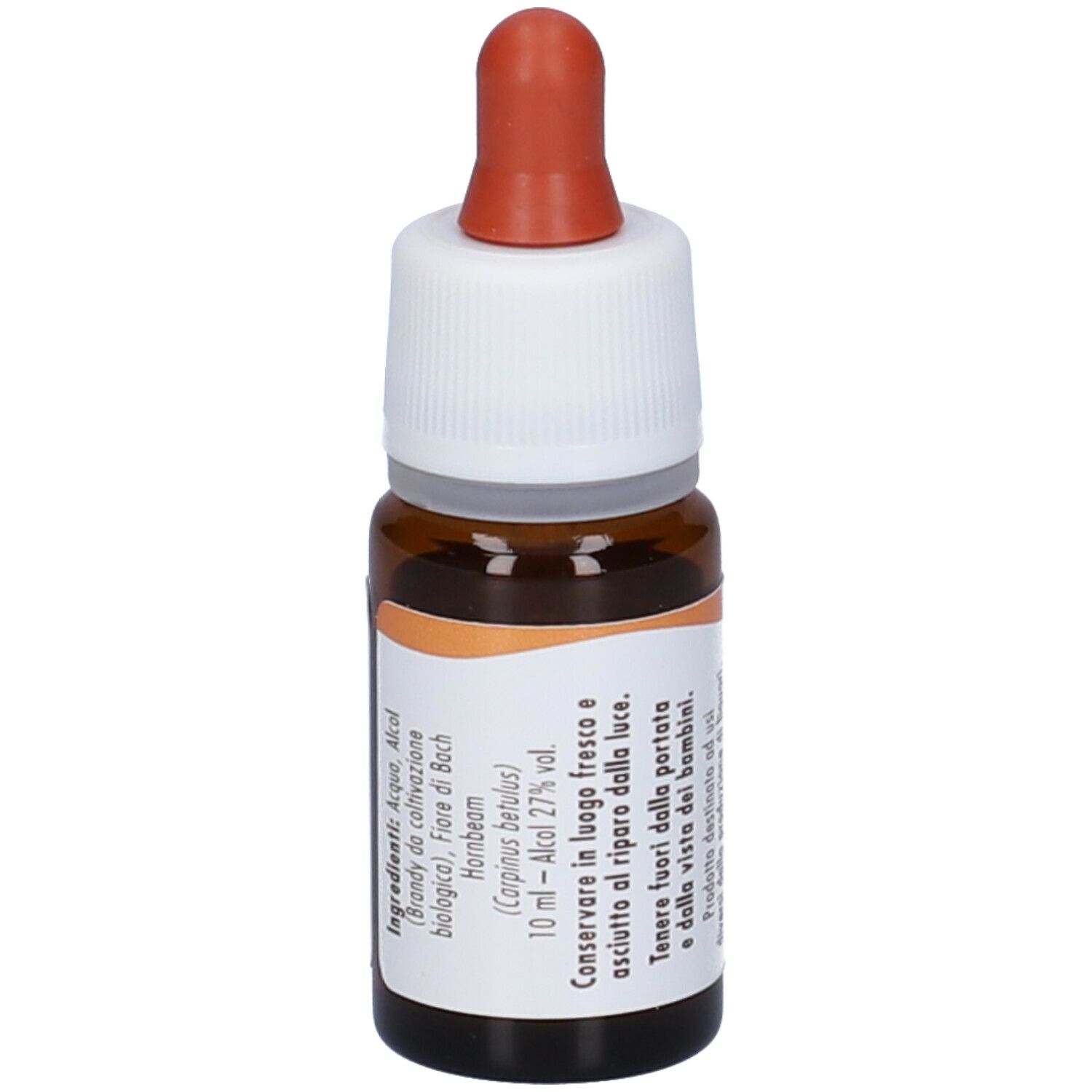 Flacone di vetro marrone con tappo bianco e contagocce rosso. Etichetta con ingredienti e testo.