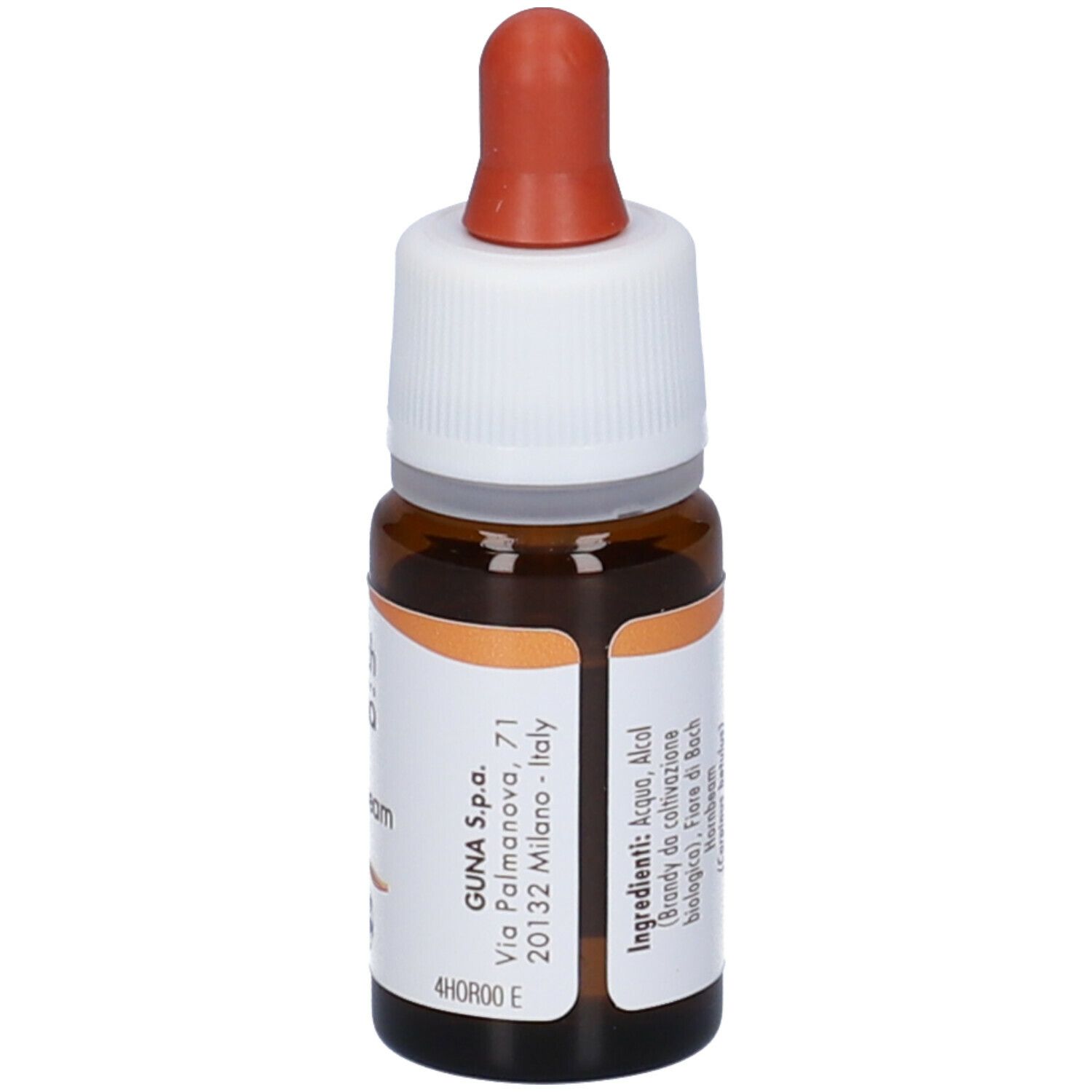 Flacone di vetro marrone con tappo bianco e contagocce rosso. Etichetta con indirizzo e testo.