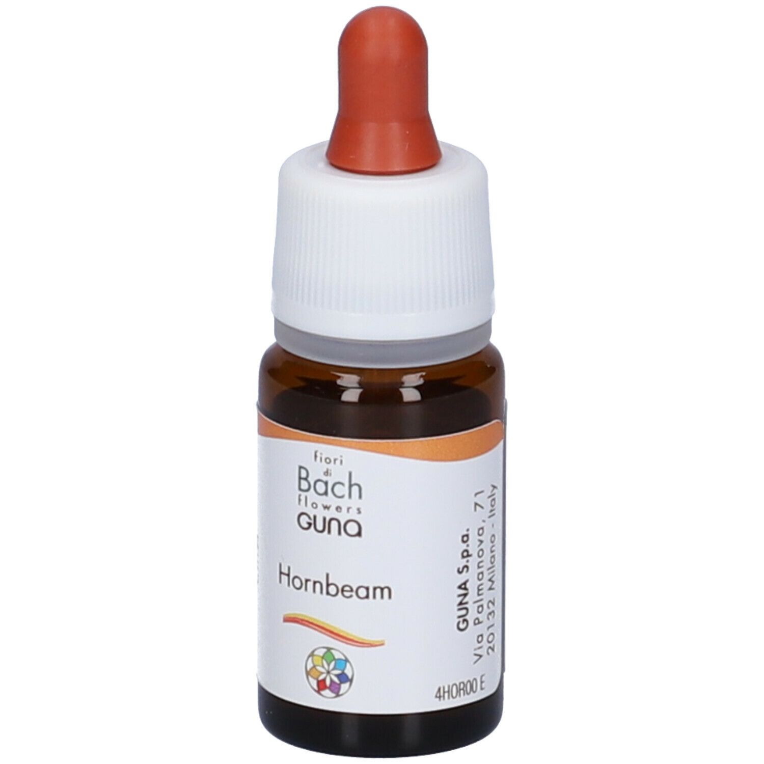 Flacone di vetro marrone con tappo bianco e contagocce rosso. Scritta: GUNA Hornbeam.