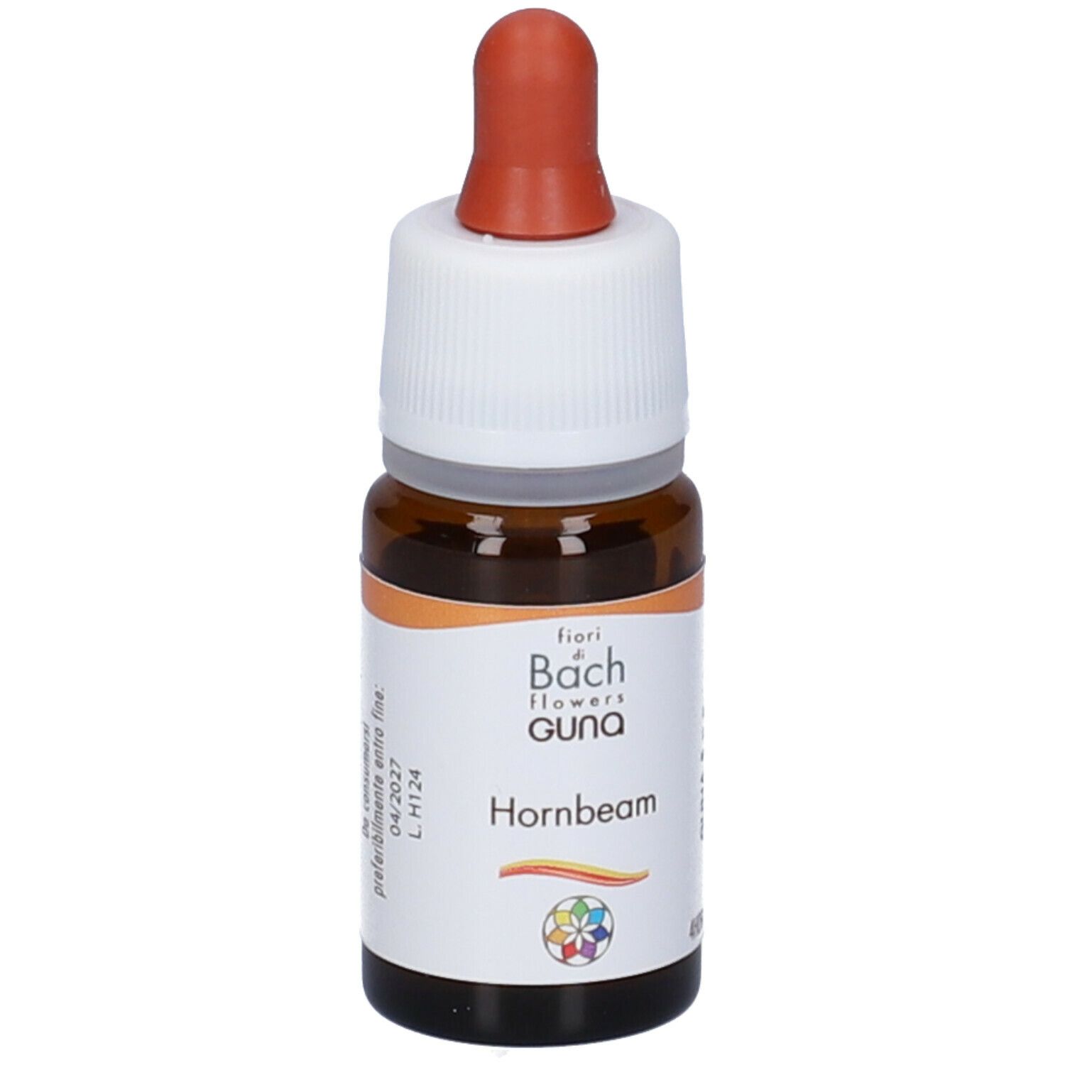 Flacone di vetro marrone con tappo bianco e contagocce rosso. Scritta: GUNA Hornbeam.