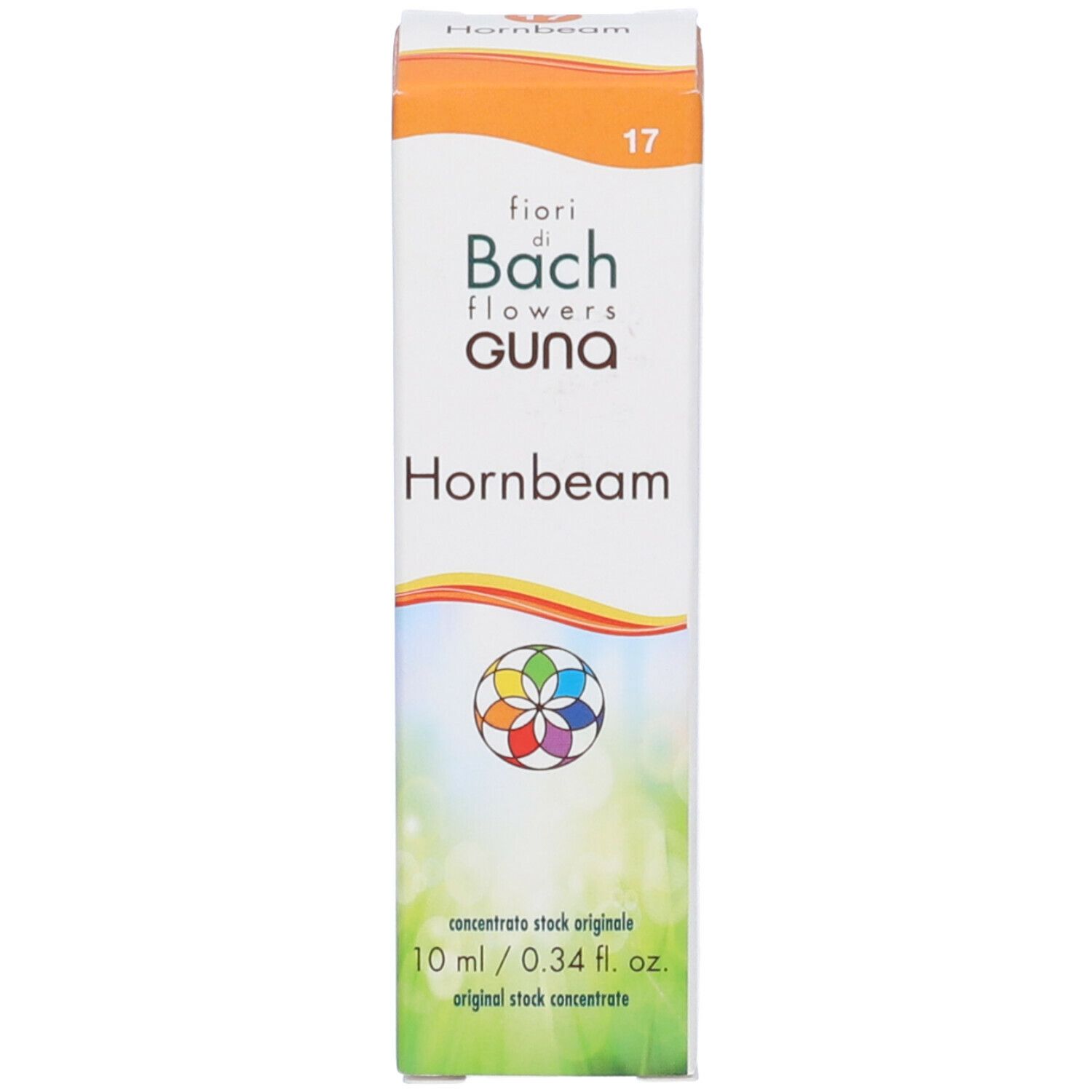 Scatola con prodotto. Scatola bianca, arancione e verde. Scritta: Hornbeam, 10 ml.