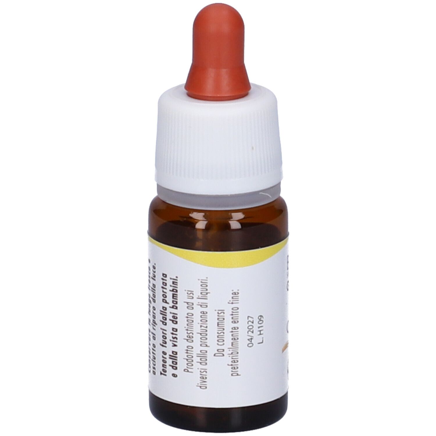 Flacone di vetro marrone con contagocce. Scritta: Olive. Etichetta con ingredienti e scadenza.