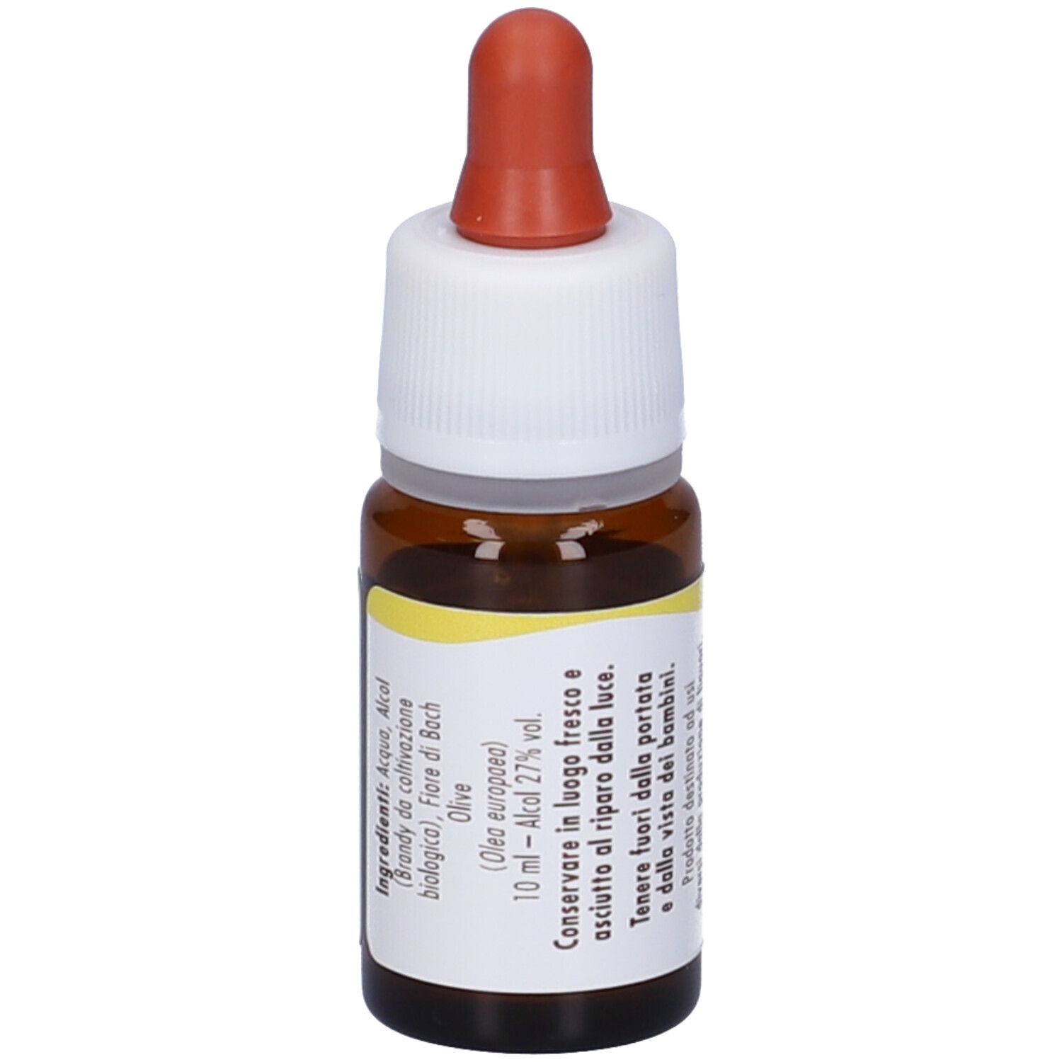 Flacone di vetro marrone con contagocce. Scritta: Olive. Etichetta con ingredienti e avvertenze.