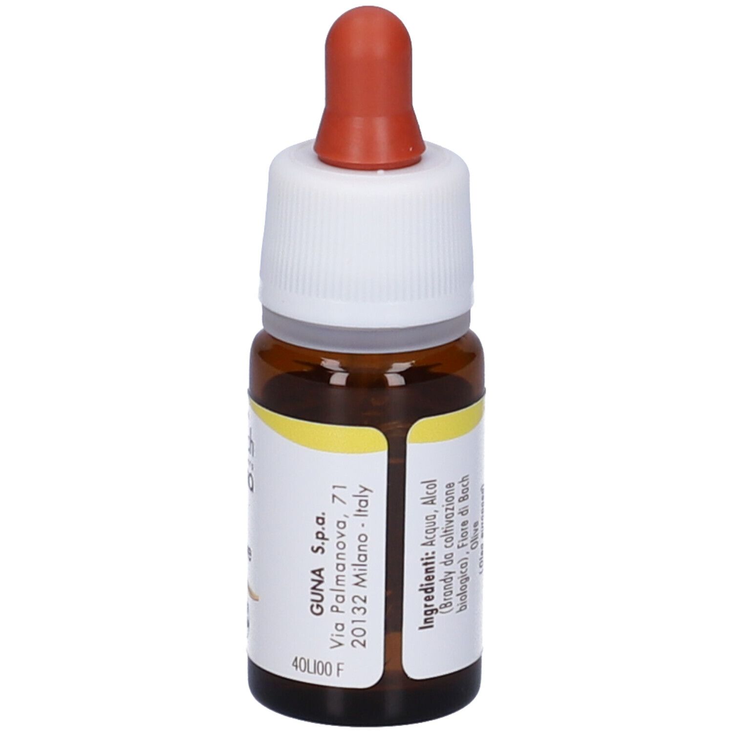 Flacone di vetro marrone con contagocce. Scritta: Olive. Etichetta con indirizzo del produttore e ingredienti.