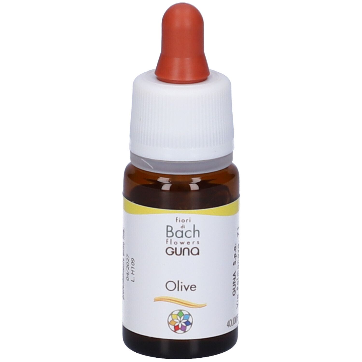 Flacone di vetro marrone con contagocce. Scritta: Olive, fiori di Bach flowers GUNA. Etichetta.