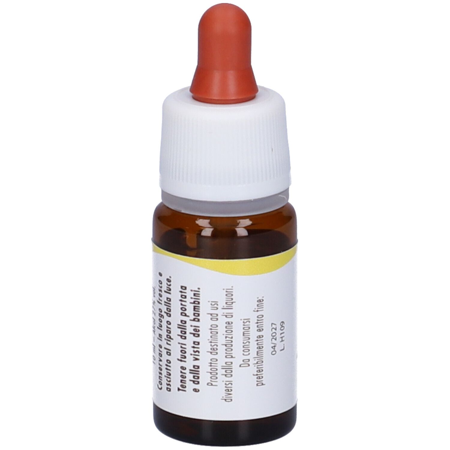 Flacone di vetro marrone con contagocce. Scritta: Olive. Etichetta con avvertenze e scadenza.