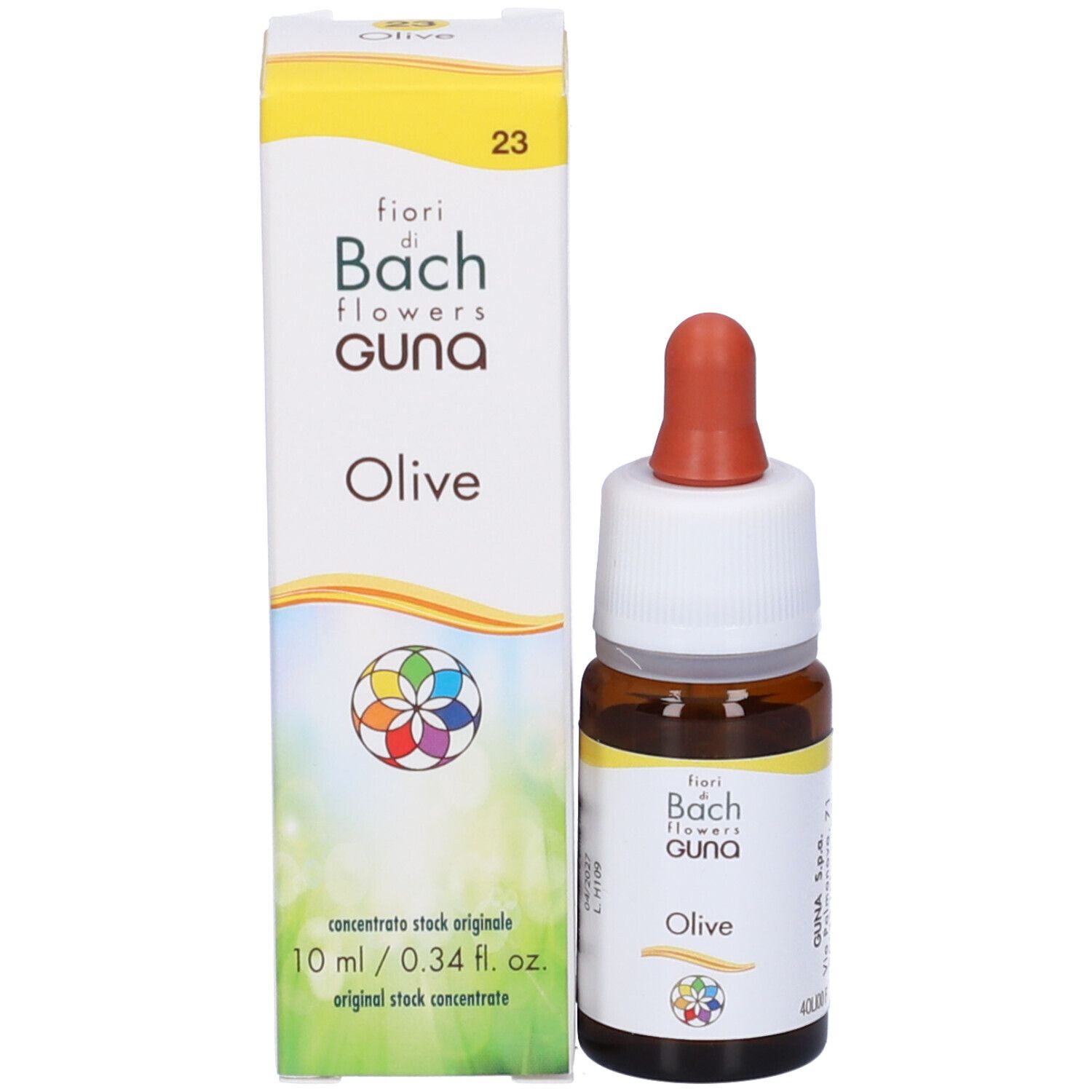 Confezione del prodotto e flacone. Scritta: Olive, fiori di Bach flowers GUNA. 10 ml.