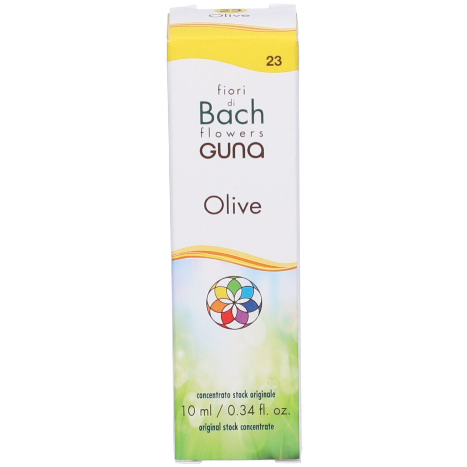 Scatola con stampa del prodotto. Scritta: Olive, fiori di Bach flowers GUNA. 10 ml.