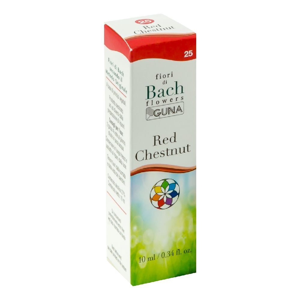 Scatola con stampa del prodotto. Scritta: Red Chestnut, Guna, Fiori di Bach. Flacone da 10 ml.