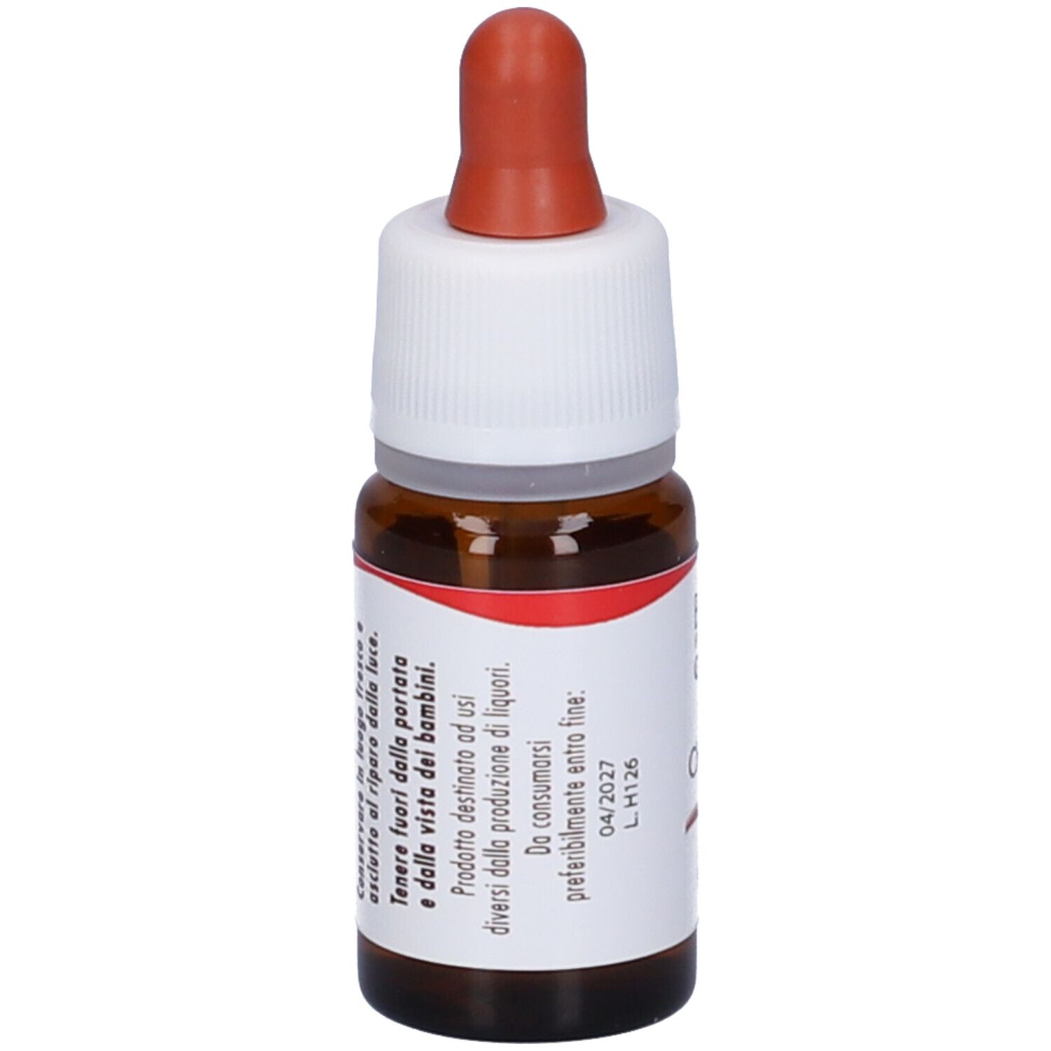 Flacone di vetro marrone con contagocce. Scritta: Red Chestnut. Tappo bianco, contagocce marrone.