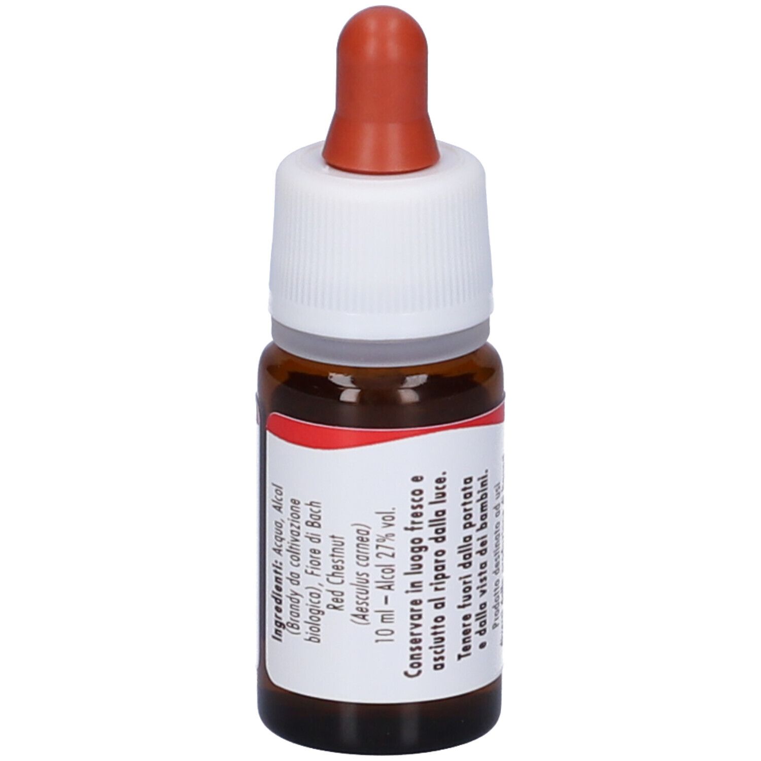 Flacone di vetro marrone con contagocce. Scritta: Red Chestnut. Etichetta con ingredienti. Tappo bianco, contagocce marrone.