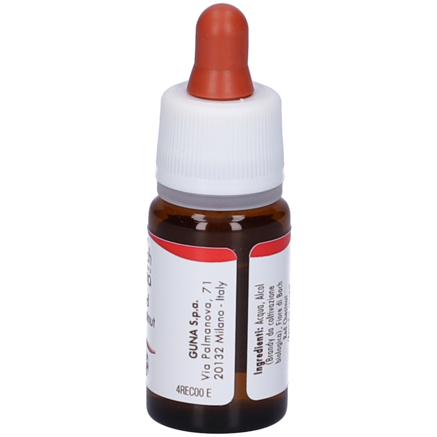 Flacone di vetro marrone con contagocce. Scritta: Red Chestnut. Etichetta con indirizzo. Tappo bianco, contagocce marrone.