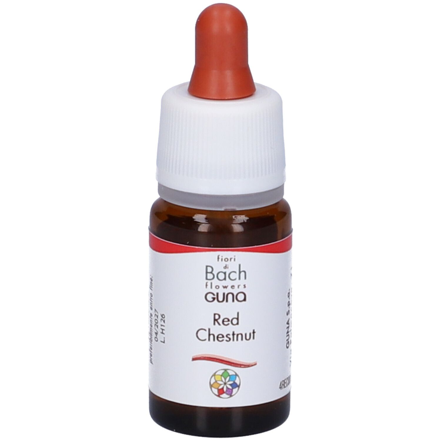 Flacone di vetro marrone con contagocce. Scritta: Red Chestnut, Guna, Fiori di Bach. Tappo bianco, contagocce marrone.