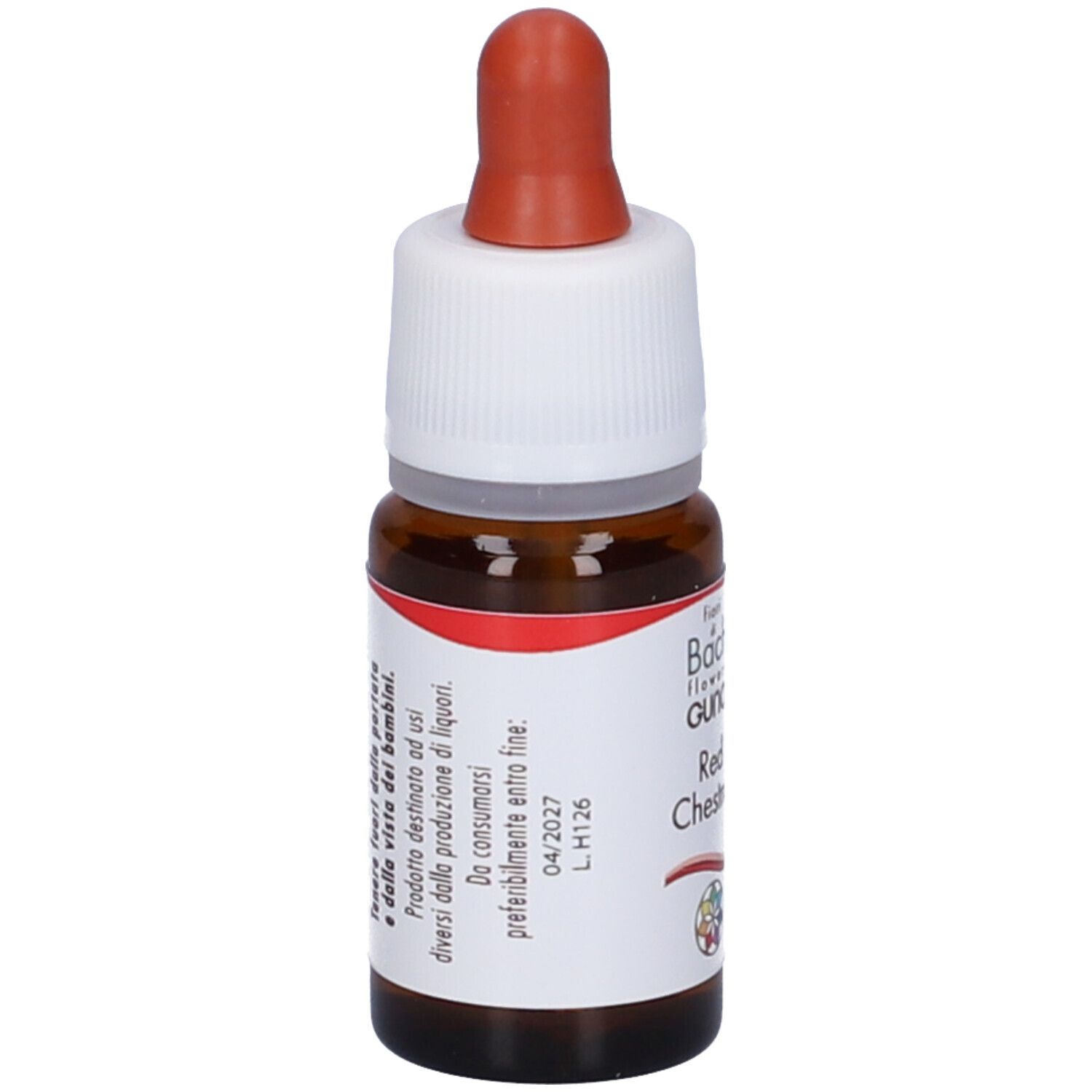 Flacone di vetro marrone con contagocce. Scritta: Red Chestnut. Data di scadenza. Tappo bianco, contagocce marrone.