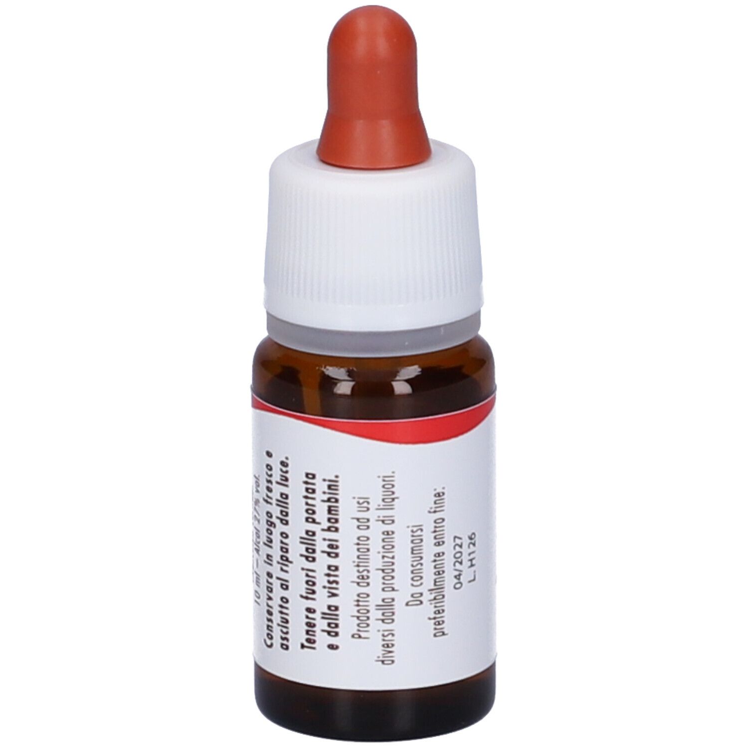 Flacone di vetro marrone con contagocce. Scritta: Red Chestnut. Etichetta con ingredienti. Tappo bianco, contagocce marrone.