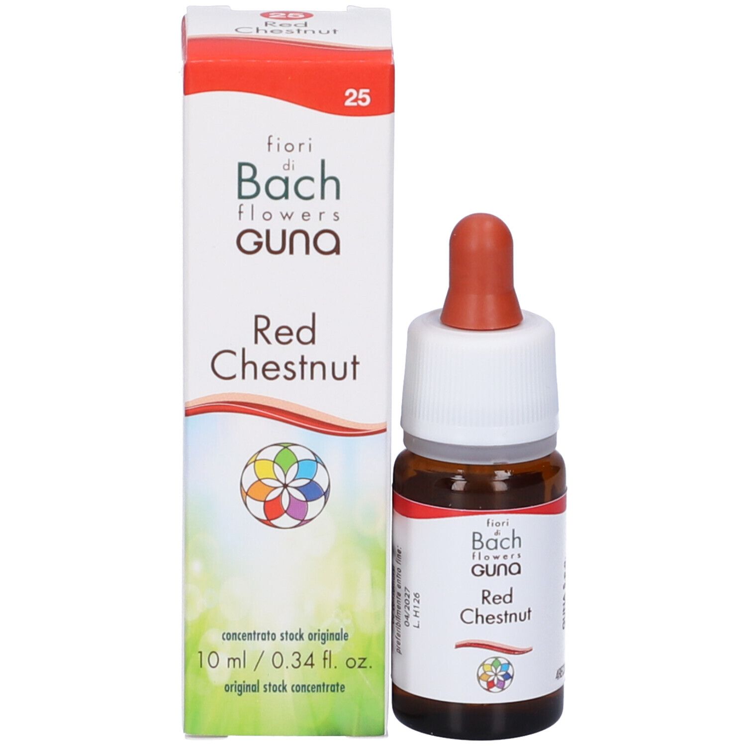 Confezione e flacone del prodotto. Scritta: Red Chestnut, Guna, Fiori di Bach. Flacone da 10 ml con contagocce.