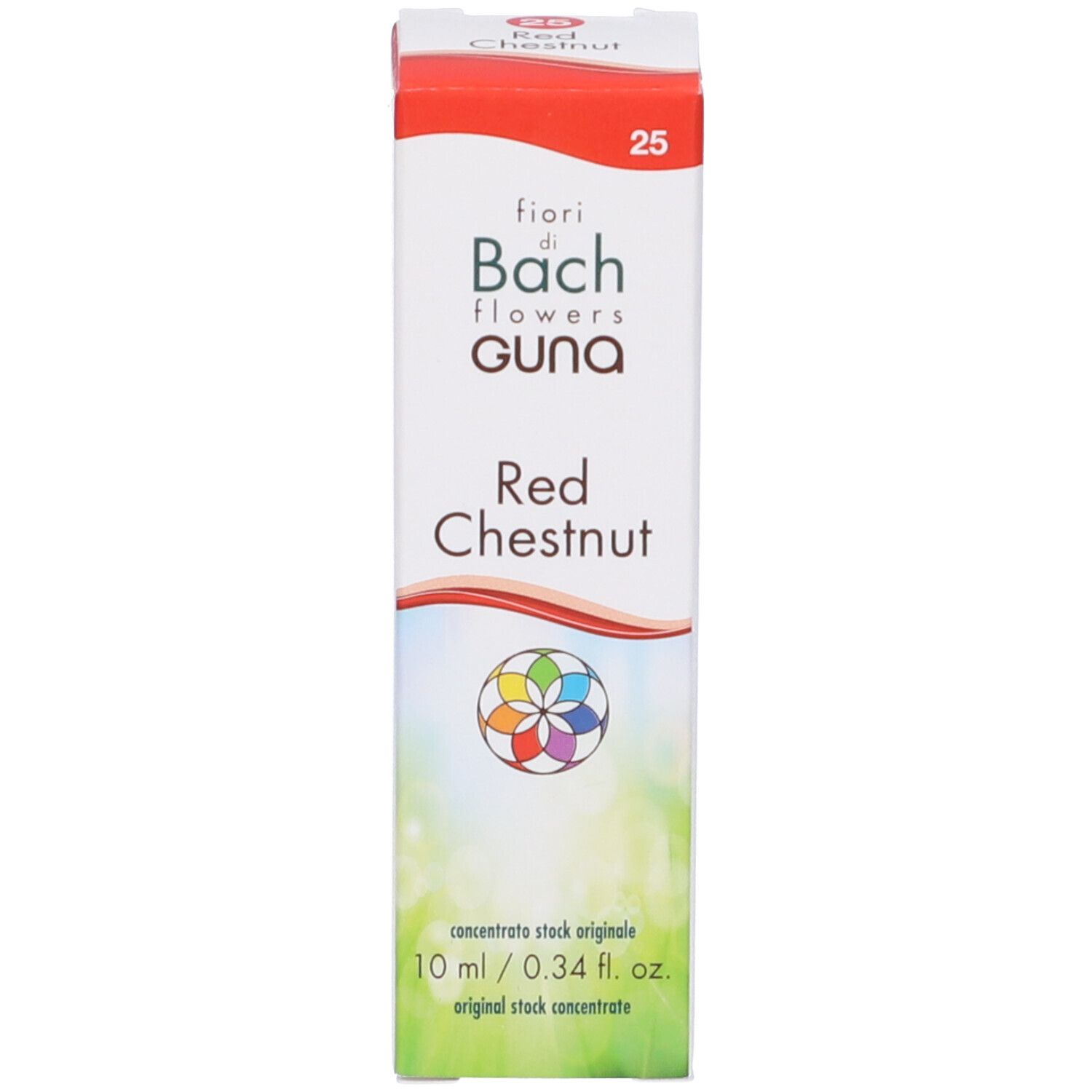 Scatola con stampa del prodotto. Scritta: Red Chestnut, Guna, Fiori di Bach. Flacone da 10 ml.