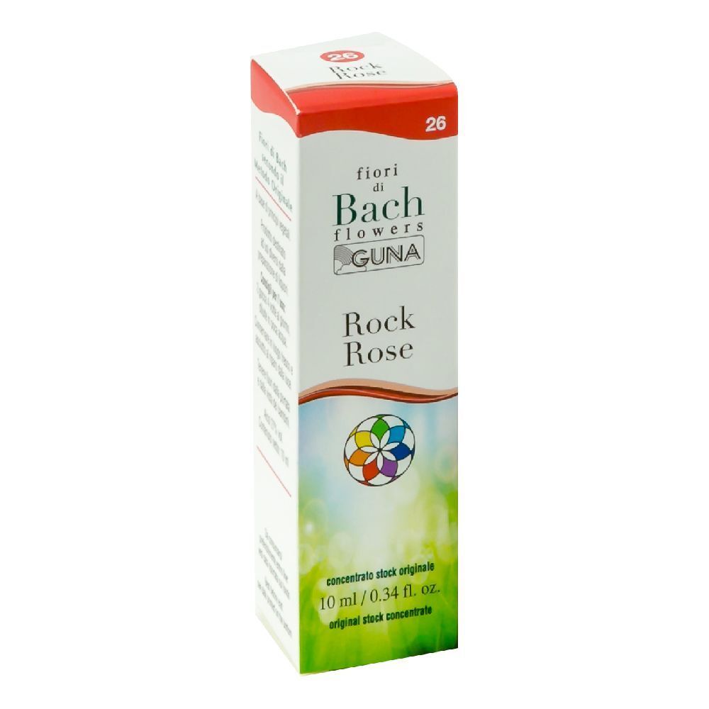 Scatola Rock Rose. Scritta: fiori di Bach flowers GUNA. 10 ml/0.34 fl. oz. Confezione.