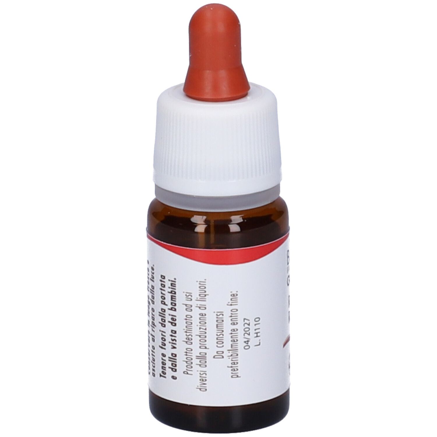 Flacone di vetro marrone con contagocce. Scritta: Rock Rose. Etichetta con testo. Tappo rosso.