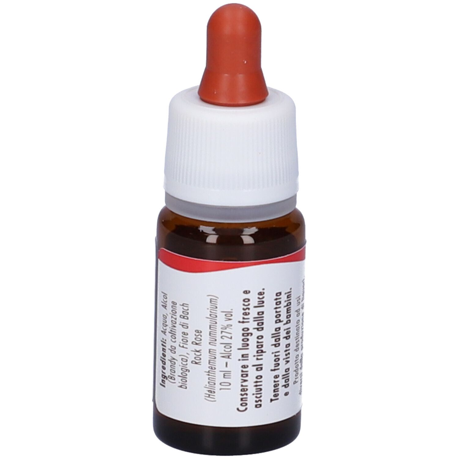 Flacone di vetro marrone con contagocce. Scritta: Rock Rose. Etichetta con testo. Tappo rosso.