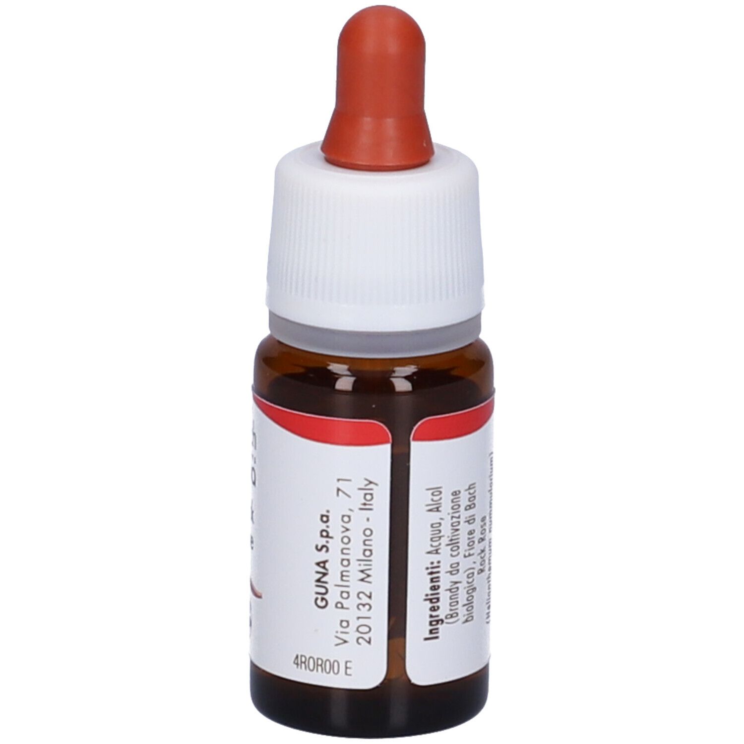 Flacone di vetro marrone con contagocce. Scritta: Rock Rose. Etichetta con testo. Tappo rosso.